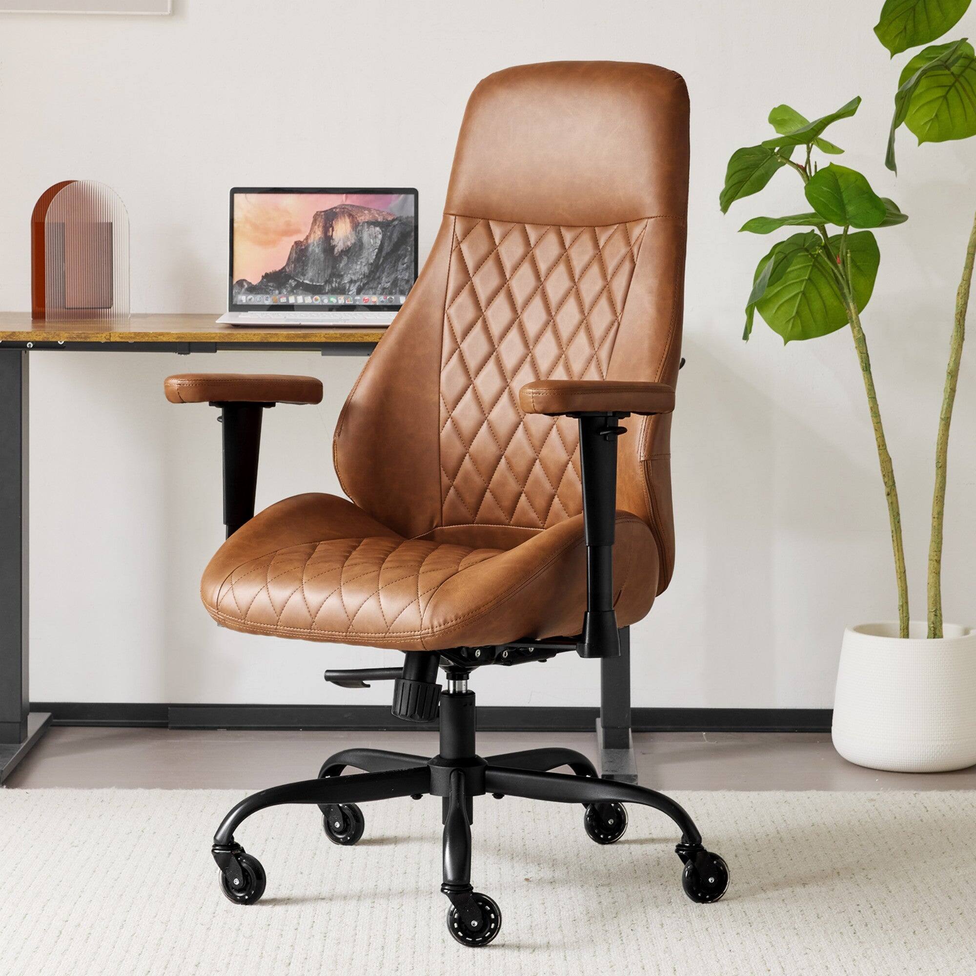 Front. Boyel Living - High Back Ergonomic Leather Office Chair - Lumbar Support, Adjustable Height/Recline, Rubber Casters, Brown - Brown.