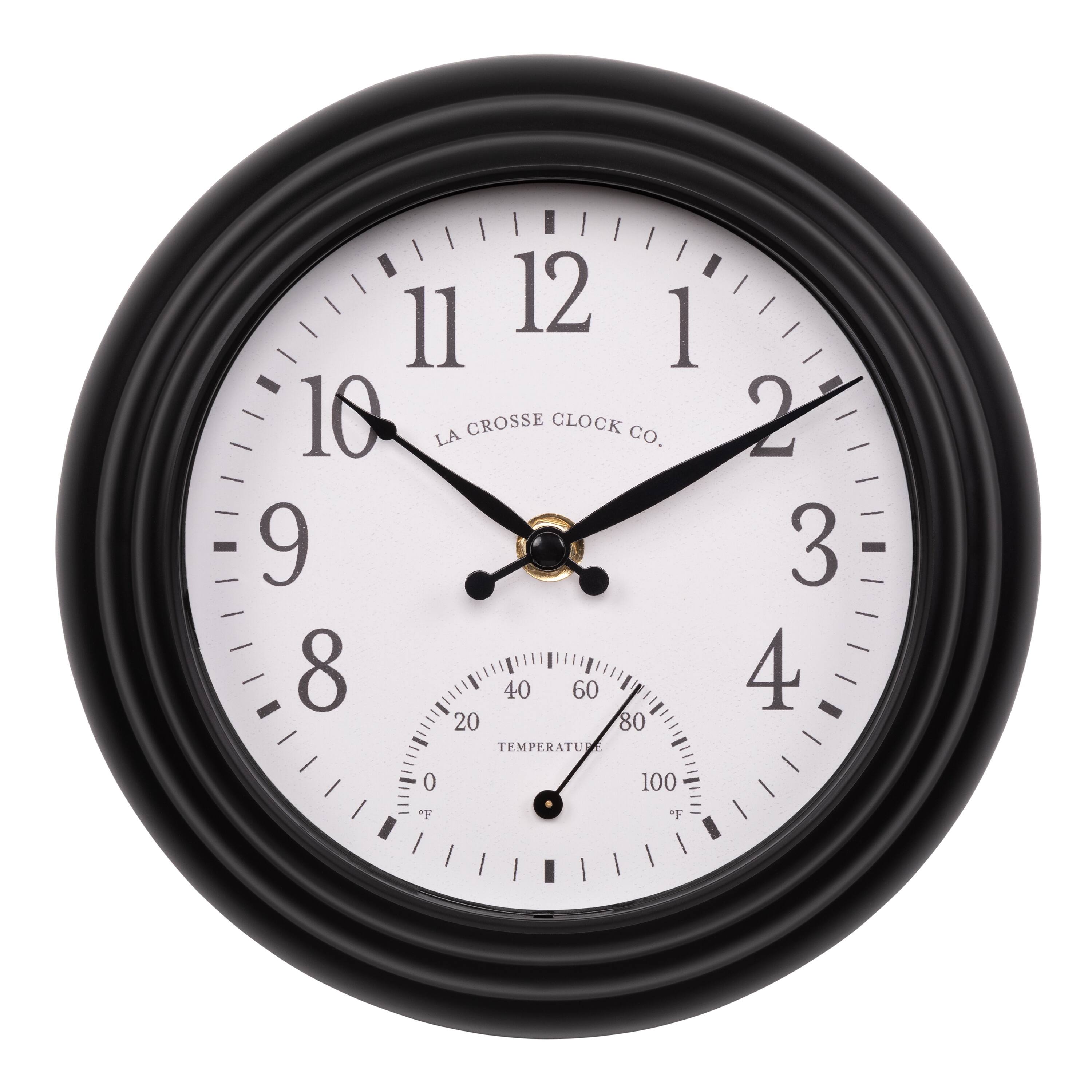 La Crosse Clock Co. - 8 Inch Colby Indoor/Outdoor Analog Quartz Wall Clock with Temperature - Black