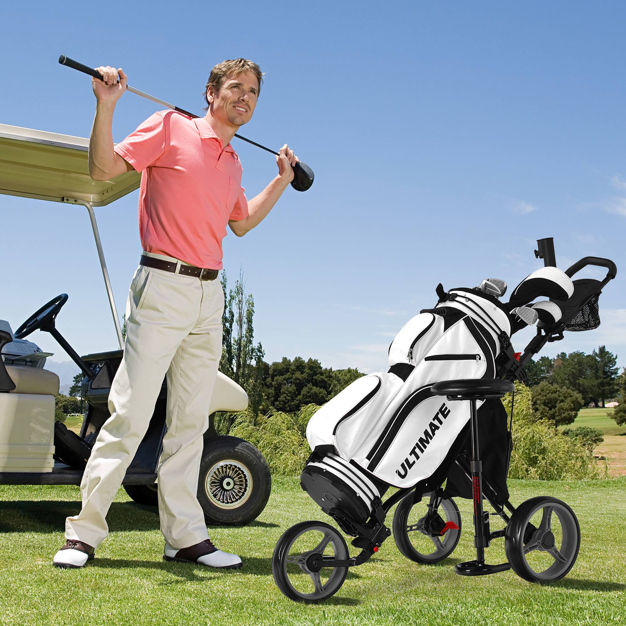 Alt View 1. Costway - Costway Folding 3 Wheels Golf Push Cart W/Seat Scoreboard Adjustable Handle - Grey.