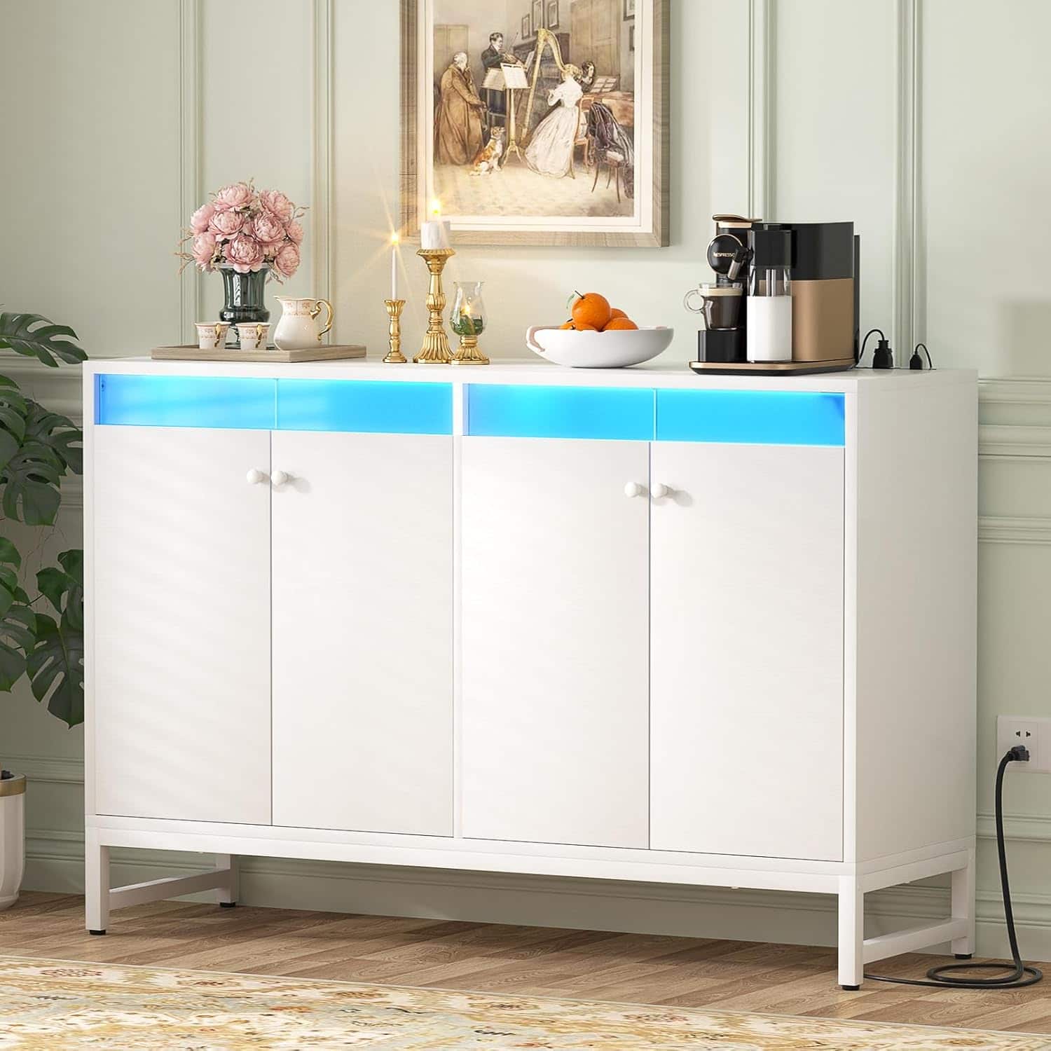 Aheaplus - Sideboard Buffet Cabinet with Power Outlet and LED Light, 4 Doors Storage Cabinet for Dining/Kitchen - White