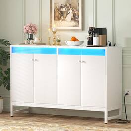 Aheaplus - Sideboard Buffet Cabinet with Power Outlet and LED Light, 4 Doors Storage Cabinet for Dining/Kitchen - White