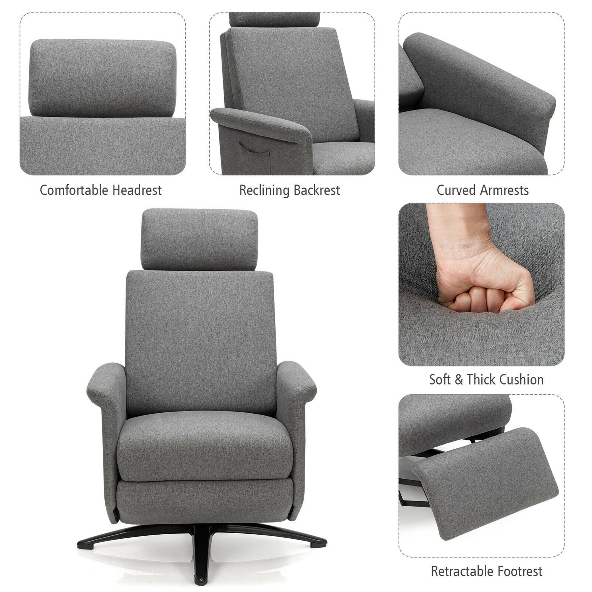 Comfortable Headrest  
Reclining Backrest  
Curved Armrests  
Soft & Thick Cushion  
Retractable Footrest