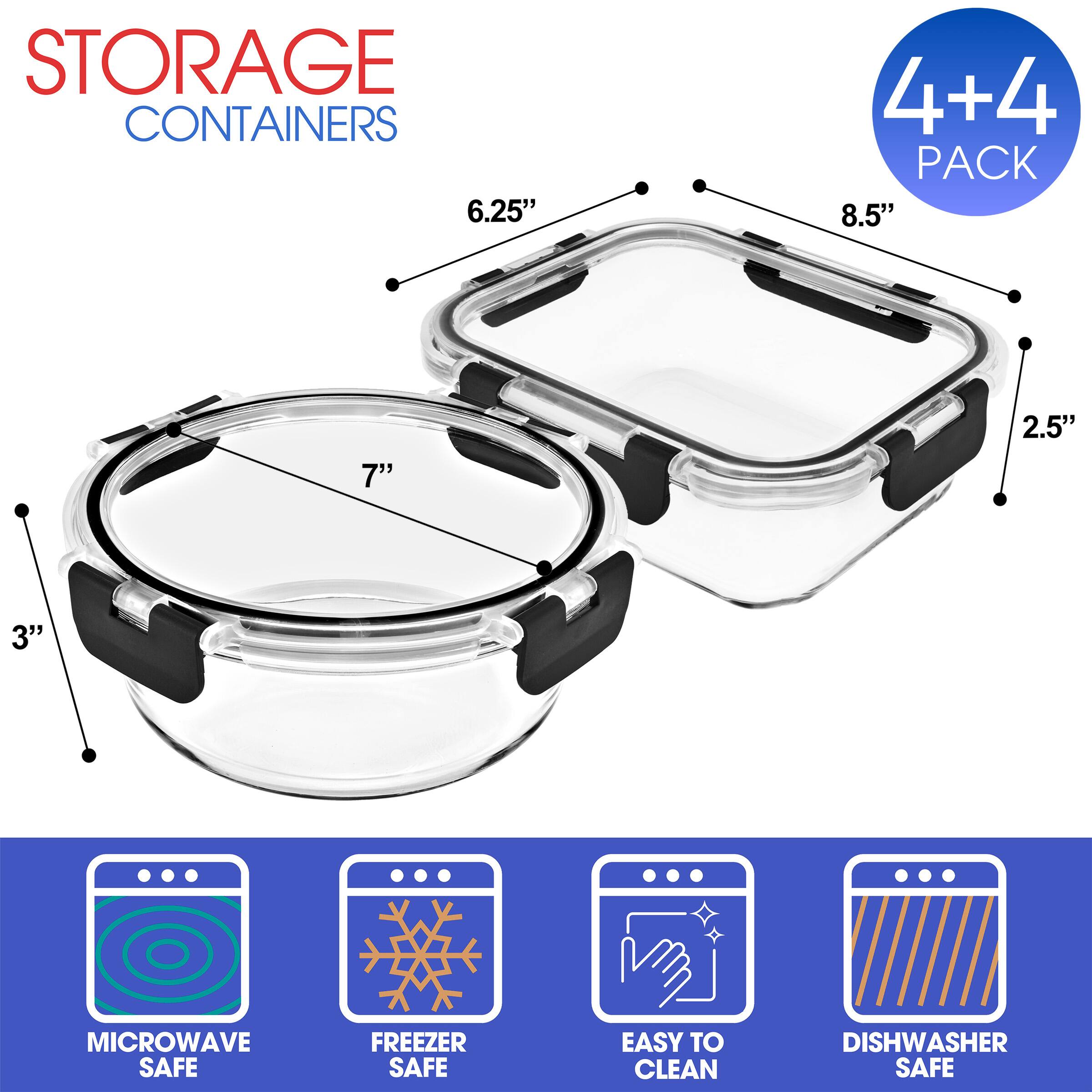 STORAGE CONTAINERS  
4+4 PACK  

6.25"  
8.5"  
7"  
2.5"  
3"  

MICROWAVE SAFE  
FREEZER SAFE  
EASY TO CLEAN  
DISHWASHER SAFE
