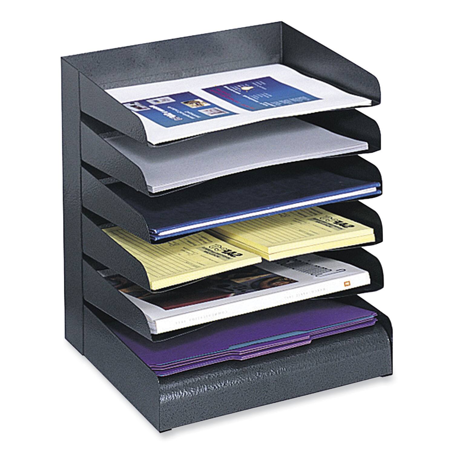 Left. Safco - Safco Slanted Shelves Steel Desk Tray Sorter 6 Tier Desktop Durable Powder Coated Black Steel - Black.
