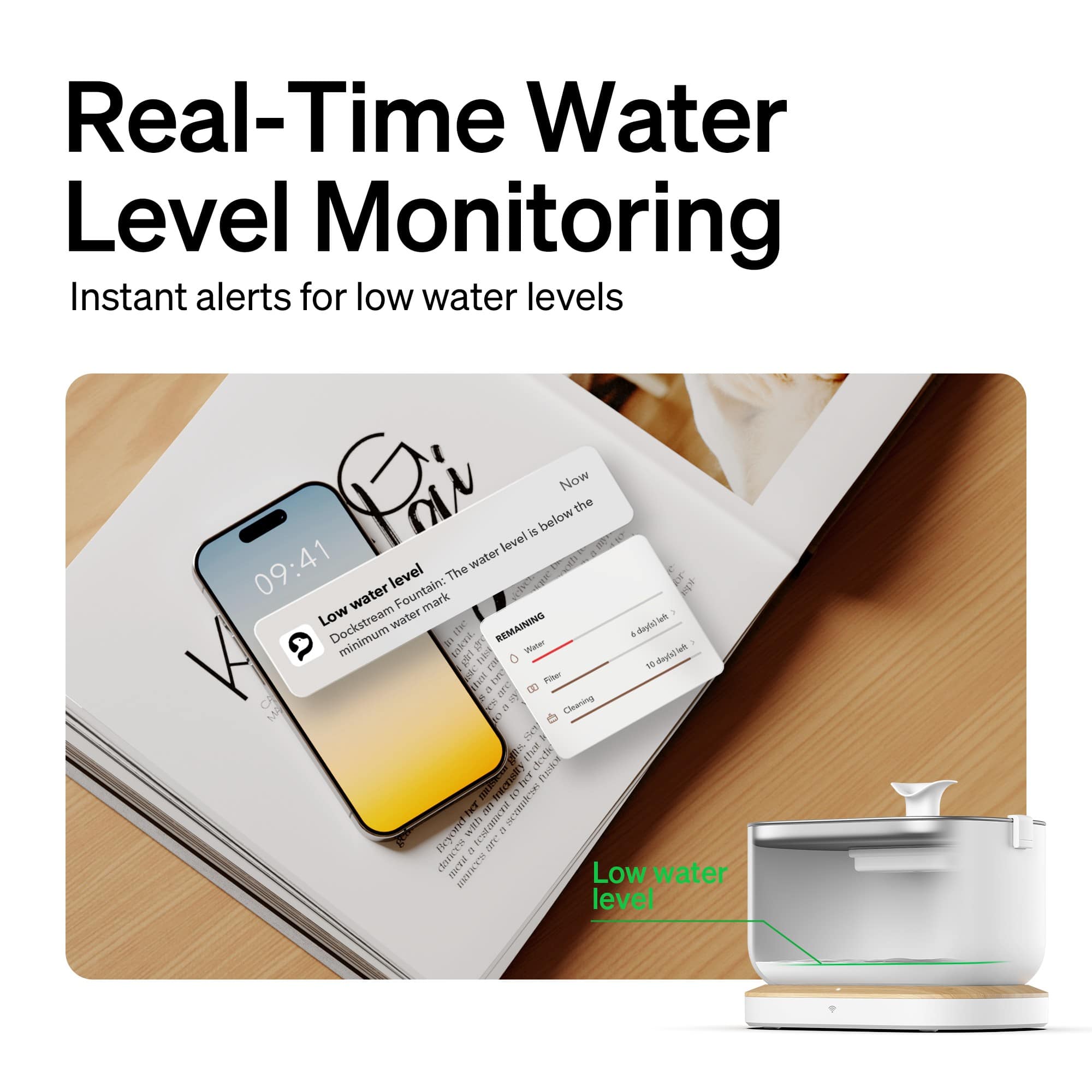 Real-Time Water Level Monitoring Instant alerts for low water levels Poin water level is below Now at the 0.99 water level Fountain: The remaining water is at the minimum level.