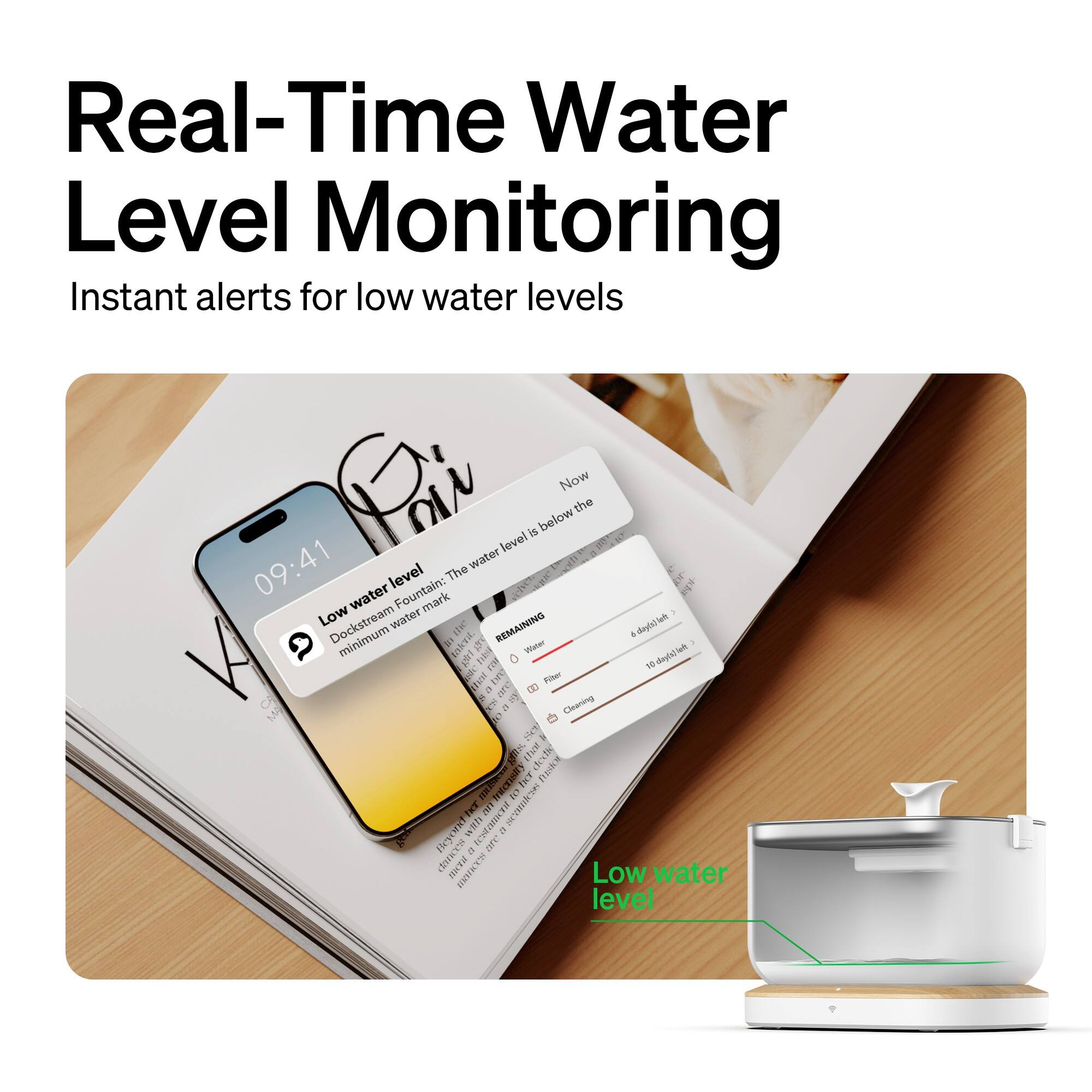 Real-Time Water Level Monitoring Instant alerts for low water levels Poin water level is below Now at the 0.99 water level Fountain: The remaining water is at the minimum level.