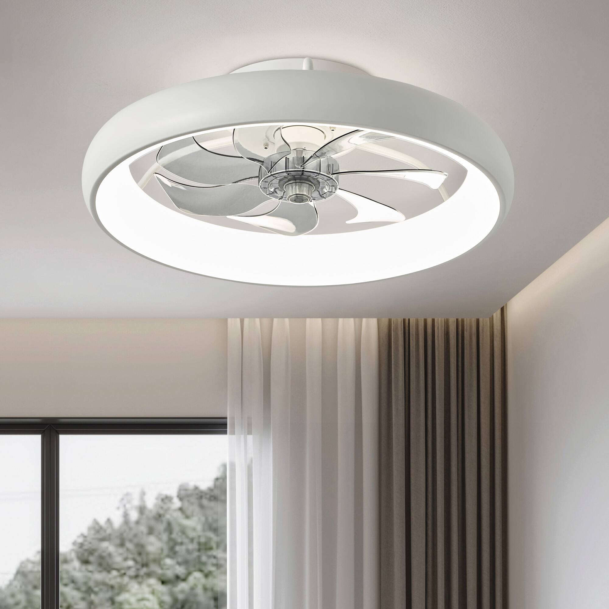 Angle. Siljoy - 20 inch White Modern Flush Mount Ceiling Fan with Lights and Remote Control Included (7blades) - White.
