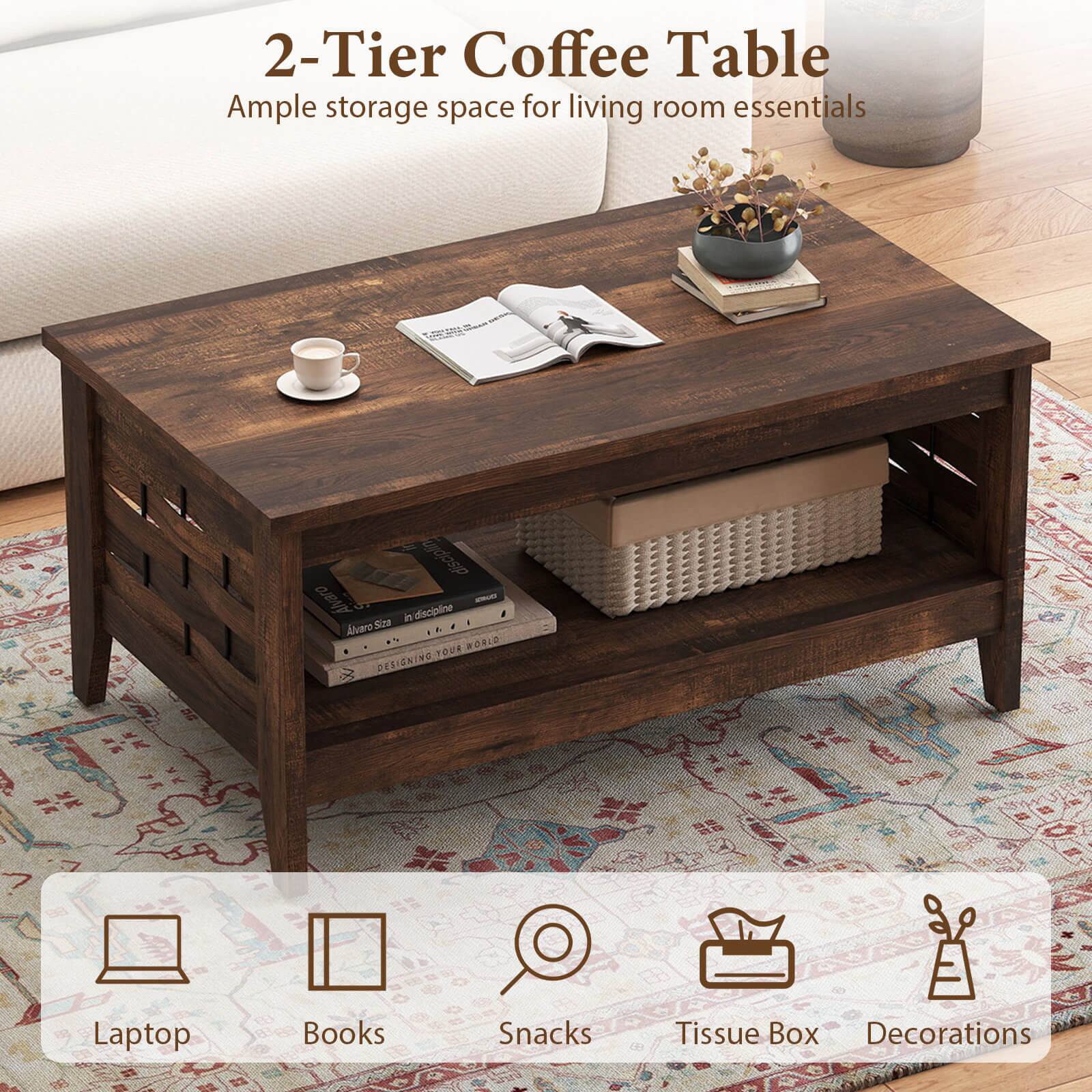 2-Tier Coffee Table  
Ample storage space for living room essentials  

Laptop  
Books  
Snacks  
Tissue Box  
Decorations