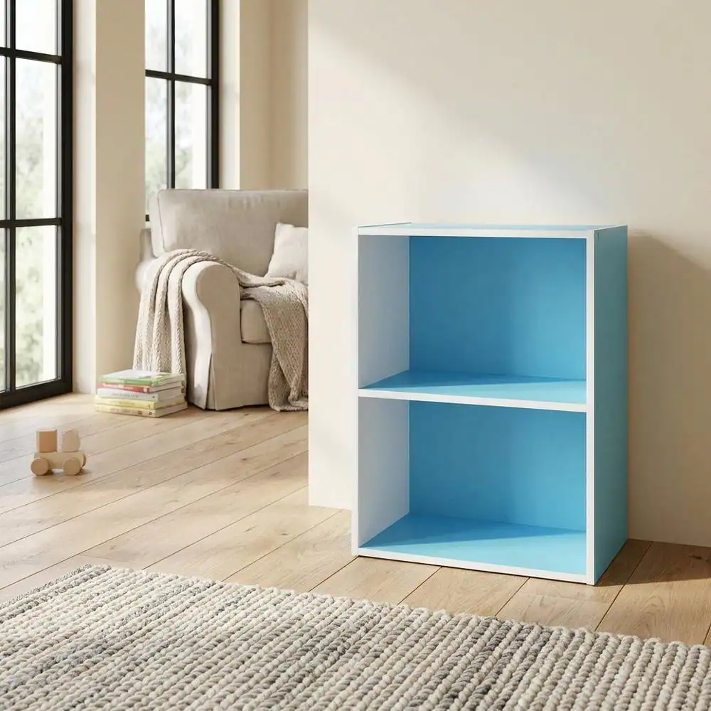 Left. FurniFact - Light Blue 2-Tier Open Shelf Bookcase with Wooden Construction - Light Blue/White.