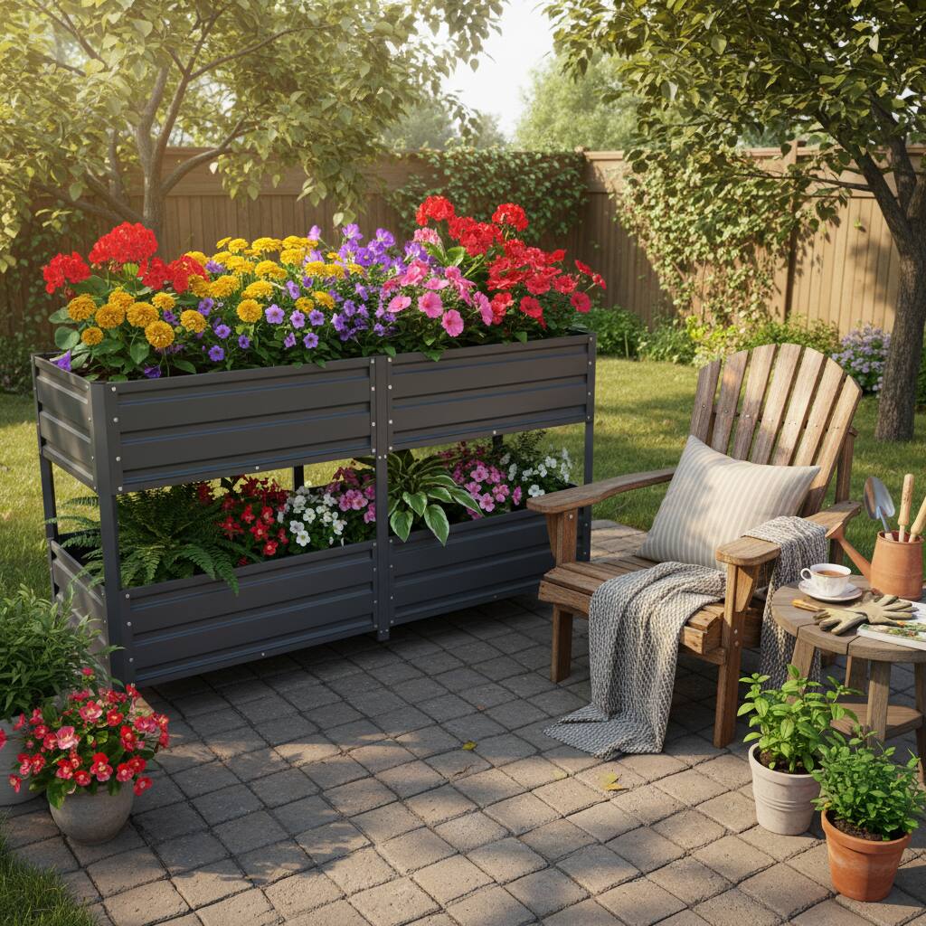 Alt View 3. Loheer - Loheer Dual Tier Elevated Metal Raised Garden Bed with Wheels Staggered Planter Box for Outdoor Patio Grey.