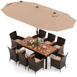 Gymax - 9 Piece Patio Wicker Dining Set w/ Double-Sided Patio Coffee Umbrella Stackable Chairs - Beige, Mix Brown, Coffee
