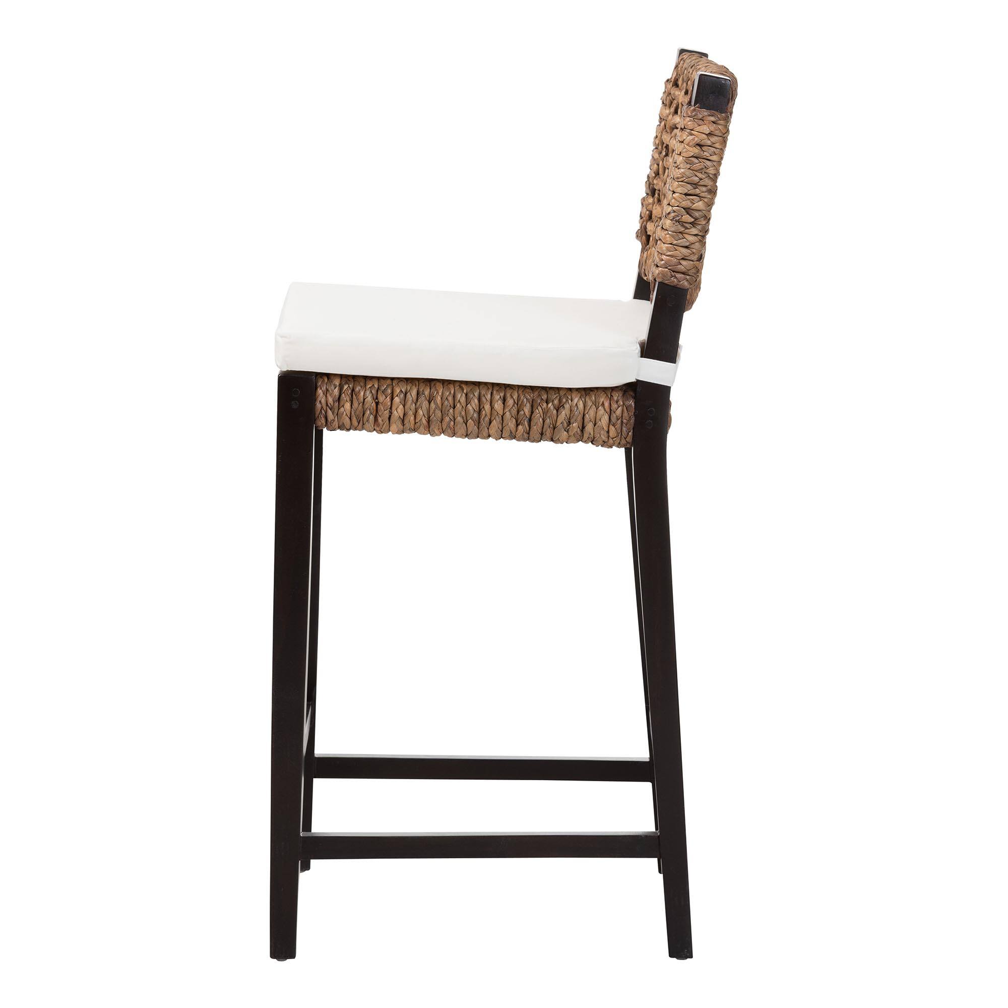 Left. bali & pari - Alise Handwoven Seagrass Bar Stool with Mahogany Wood Frame, Dark Brown - Natural Brown/Dark Brown.