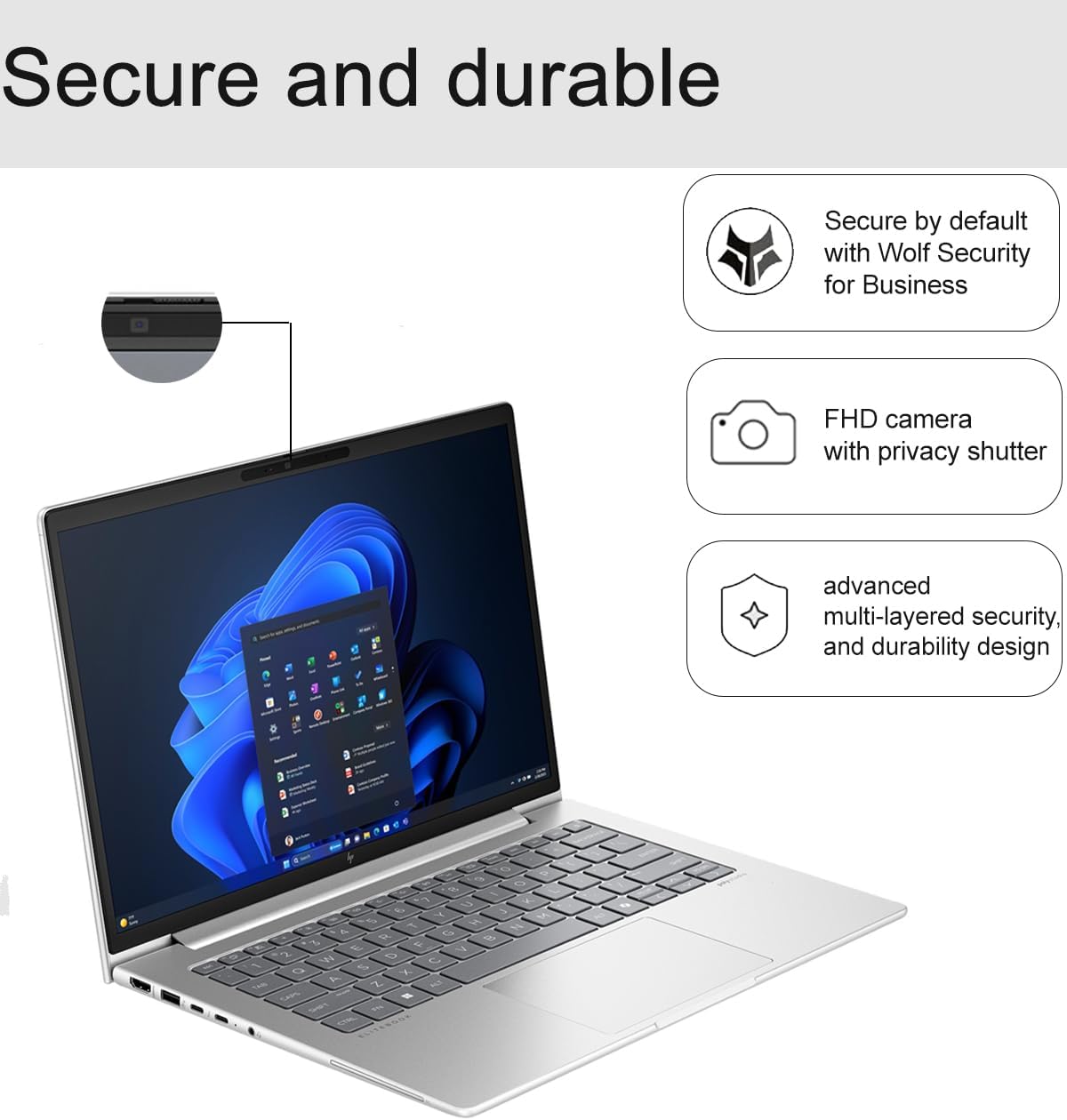 Secure and durable

- Secure by default with Wolf Security for Business
- FHD camera with privacy shutter
- Advanced multi-layered security, and durability design