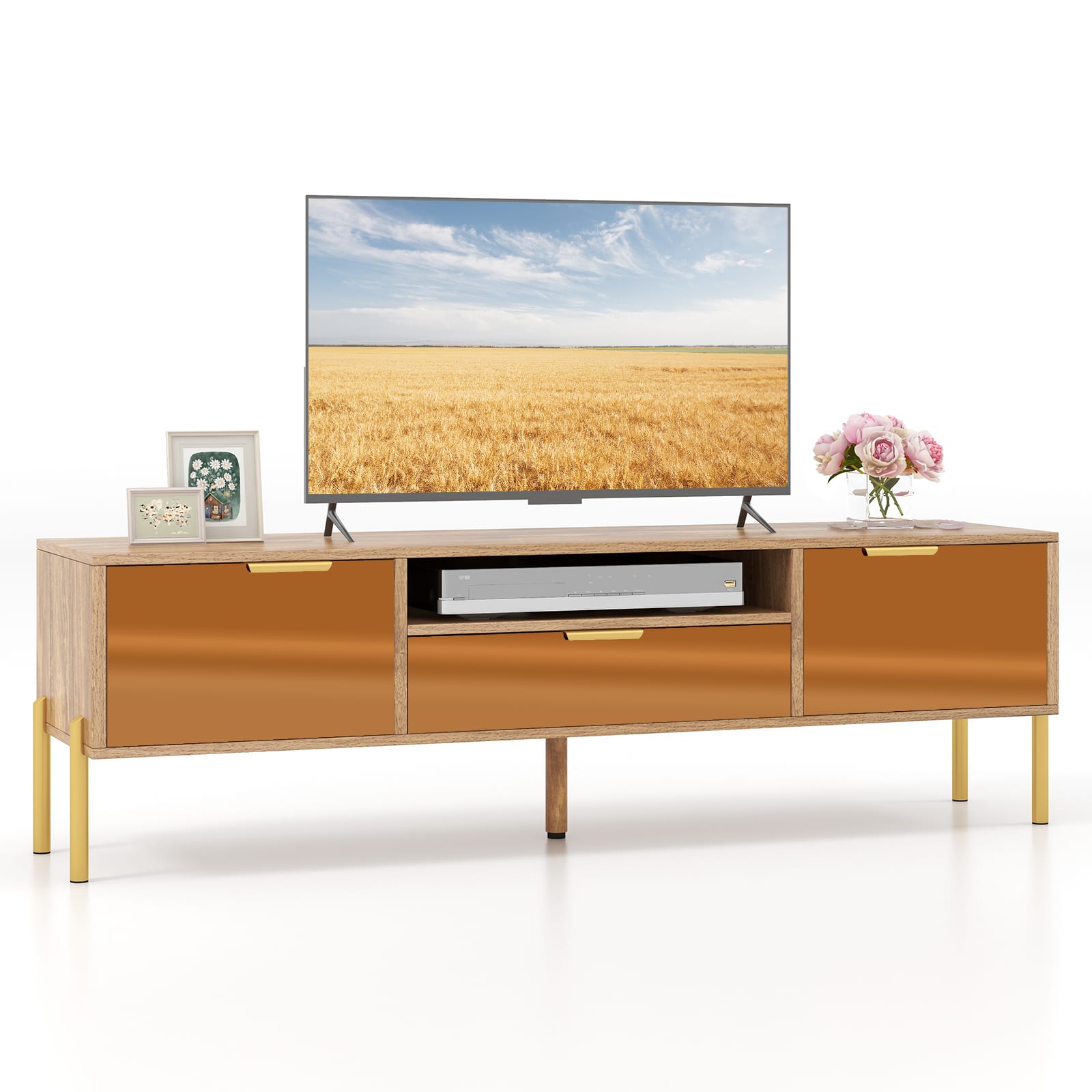Ecooso - Mirrored TV Stand for 65 Inch TV with Wide Top Surface and 2 Storage Cabinets - Natural