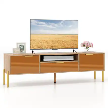 Front. Ecooso - Mirrored TV Stand for 65 Inch TV with Wide Top Surface and 2 Storage Cabinets - Natural.