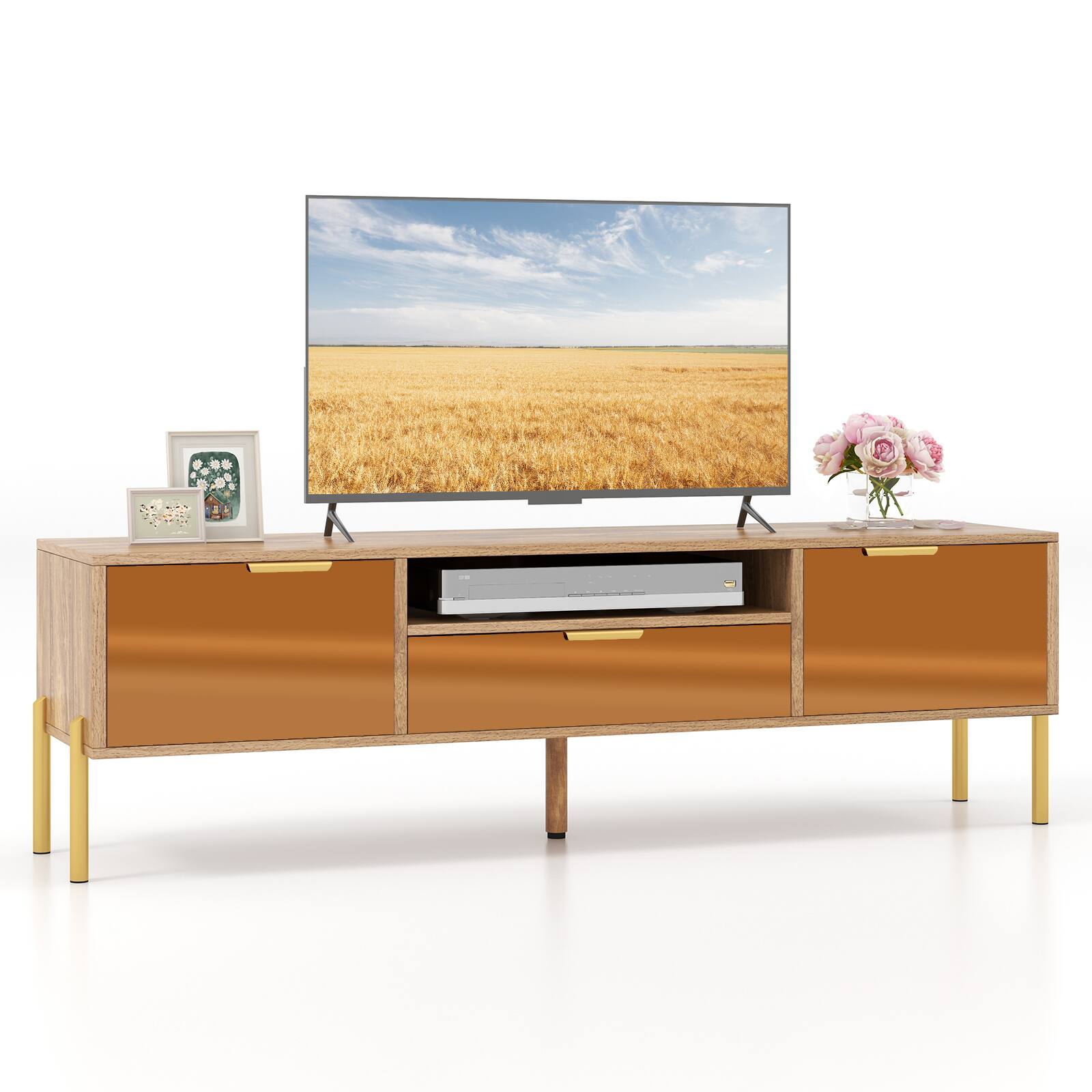 Ecooso - Mirrored TV Stand for 65 Inch TV with Wide Top Surface and 2 Storage Cabinets - Natural
