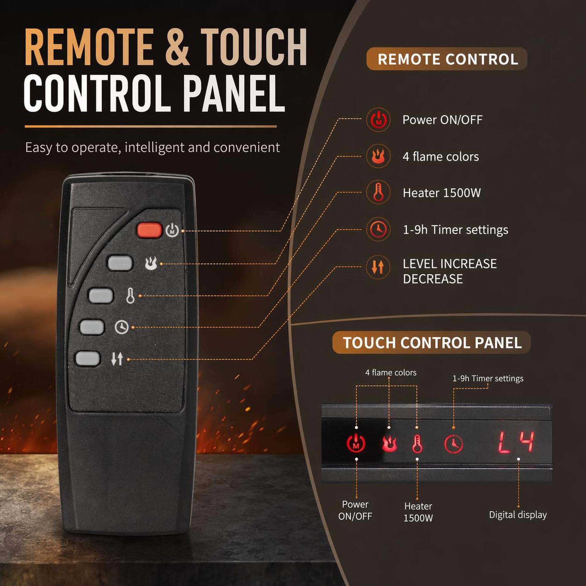 REMOTE & TOUCH CONTROL PANEL

Easy to operate, intelligent and convenient

REMOTE CONTROL
- Power ON/OFF
- 4 flame colors
- Heater 1500W
- 1-9h Timer settings
- LEVEL INCREASE DECREASE

TOUCH CONTROL PANEL
- 4 flame colors
- 1-9h Timer settings
- Power ON/OFF
- Heater 1500W
- Digital display