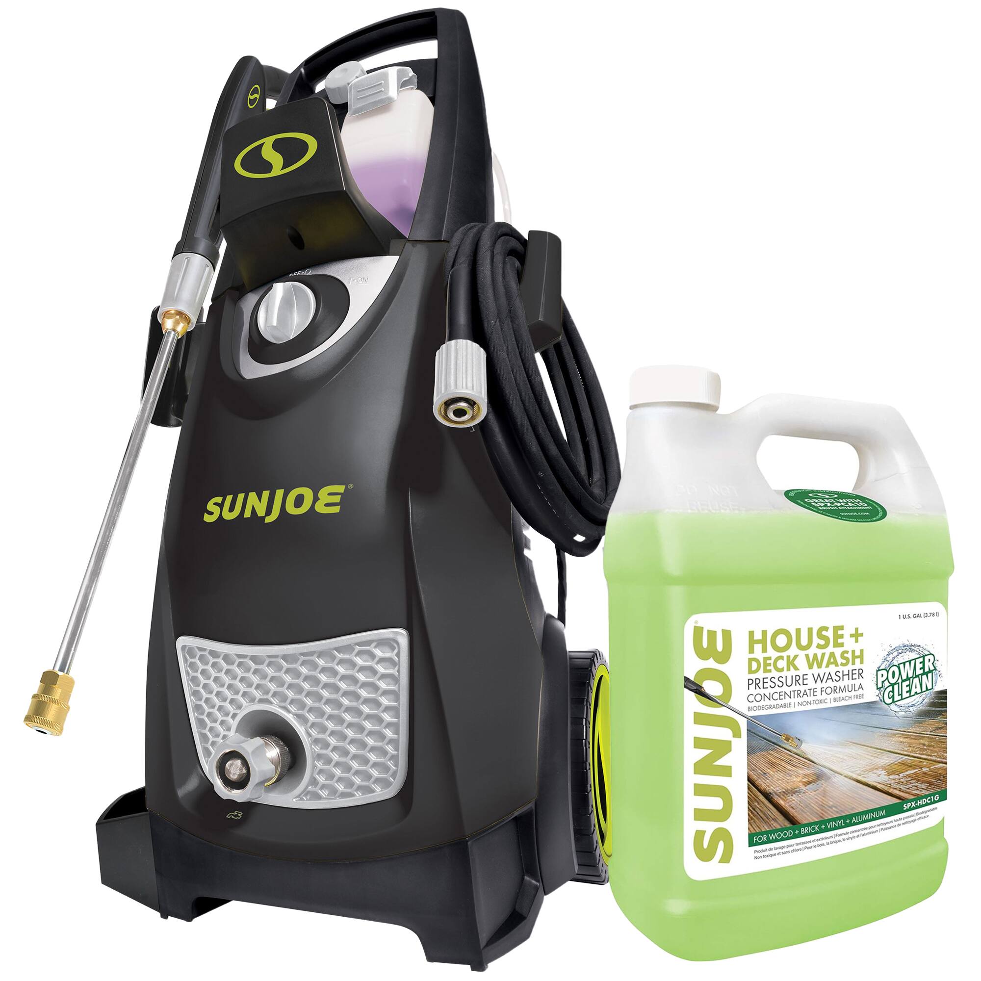 Sure, here is the corrected and grouped text from the image:

---

**SUNJOE**

**HOUSE + DECK WASH PRESSURE WASHER FORMULA POWER CLEAN CONCENTRATE**

**FOR WOOD - BRICK - VINYL - ALUMINUM**

**SPK-1000**

---

**SUNJOE**