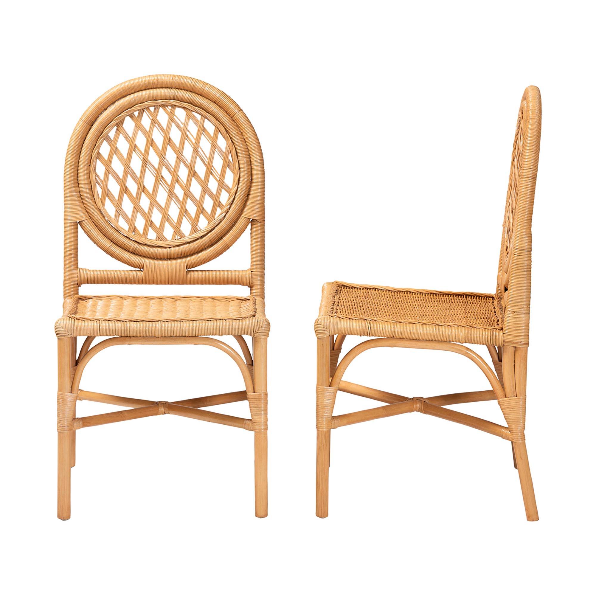 Left. bali & pari - Oxford Round Back Rattan Dining Chair Set of 2 - Handwoven Cane Accent Chairs with Open Lattice Design - Light Honey.