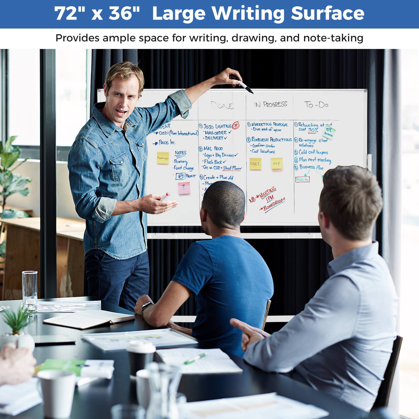The text on the image reads: "72" X 36" Large Writing Surface Provides ample space for writing, drawing, and note-taking DONE N PROGRESS To-Do EAT 0 8 METIG TauroGA O Refoucking to of JoJo LISAITING Due end 2 Y cOoF 30% Ozzi Rm ancfa BA0US SS-ORDEC e Sotrie DELIVERY ESSuEU Pubuctrous PAROS bnc Be-oy cles Comdien Cviber rlutions MAL FEcD NOTEs -Calt hcadong Cold oul buus Logo+ 1y Driend Plan ted oretog Frotay Flach Fact SALES . Font chage Gc  CSP Shed Flae Busveso Pbe Z SORIT 0 Create Pan A POL i Pl 1.B BMDROOM."
