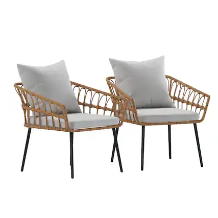 Front. Emma + Oliver - Auden Indoor/Outdoor Bohemian Natural Rattan Rope Patio Chairs with Open Weave Design and Removable Plush Cushions - Gray Cushions/Natural Frame.