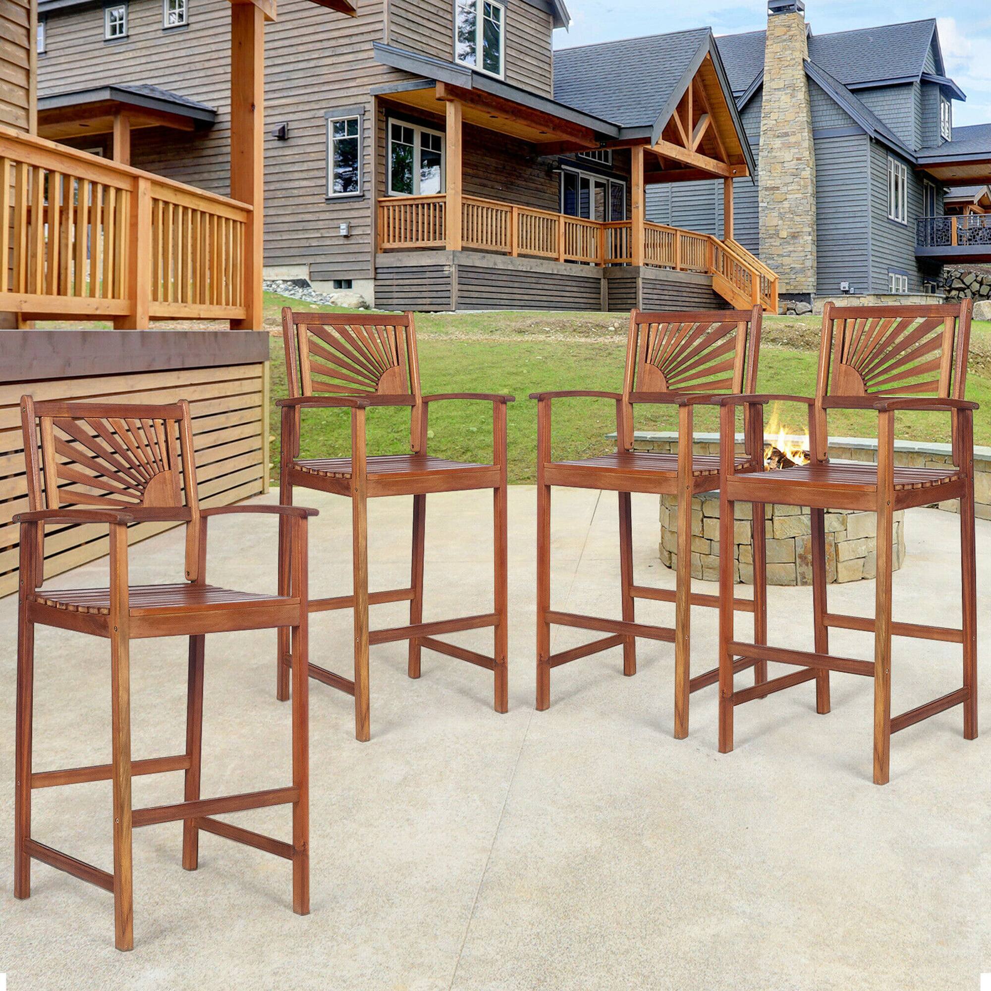 Alt View 1. Costway - Costway 4PCS Patio Acacia Wood Bar Stool Pub Bar Chair w/ Footrest Outdoor Indoor - Natural.