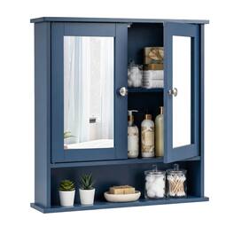 Costway - Wall Mount Mirror Cabinet, Medicine Cabinet Organizer for Bathroom - Blue