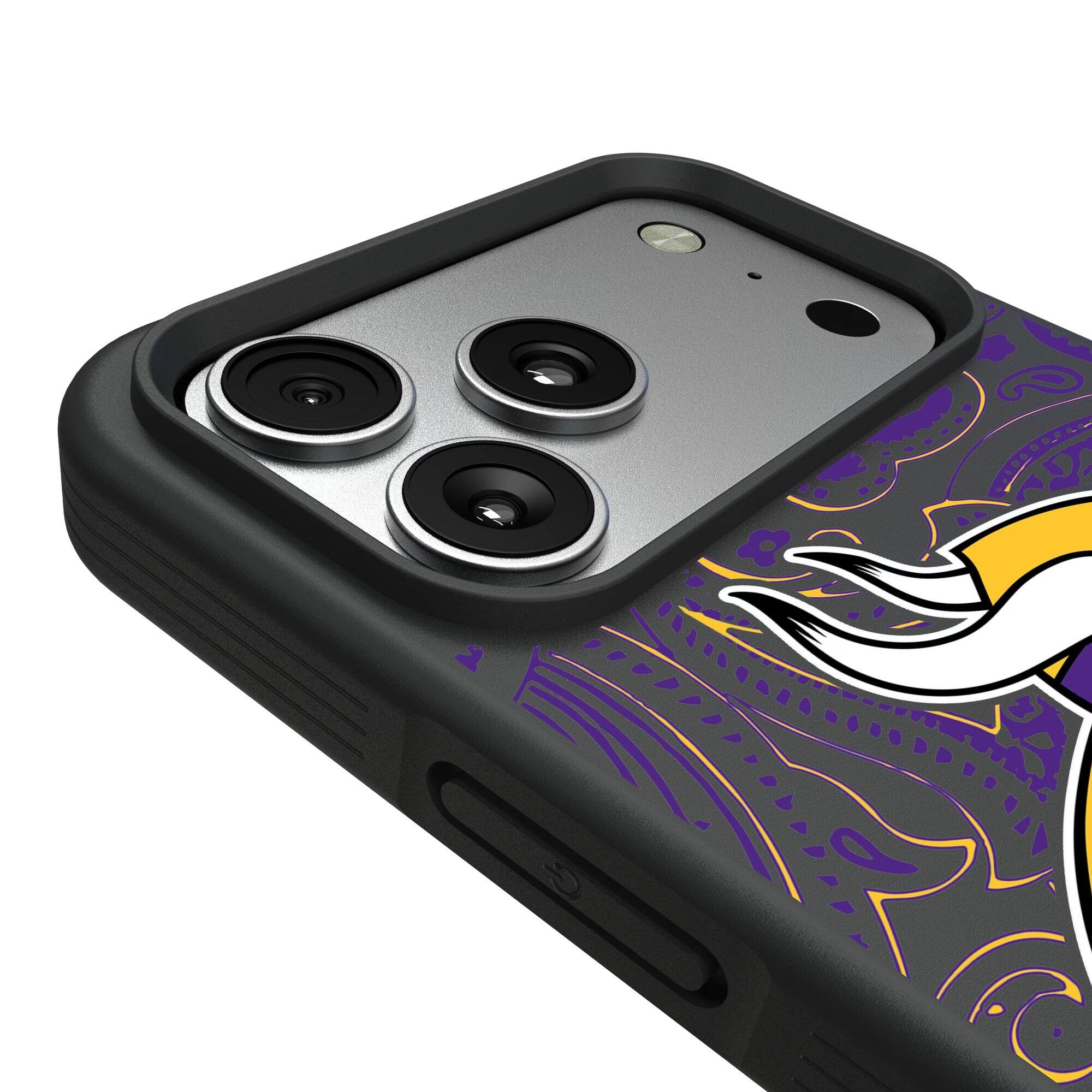 Alt View 2. Keyscaper - Minnesota Vikings iPhone Paisley Design Bump Case - 15 Pro Max - Multicolor.