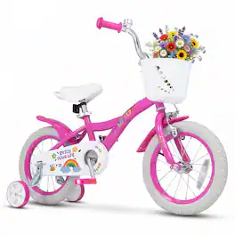 Costway - 14 Inches Girls Bike for 3-8 Years Old with Removable Training Wheels, Front Basket - Pink