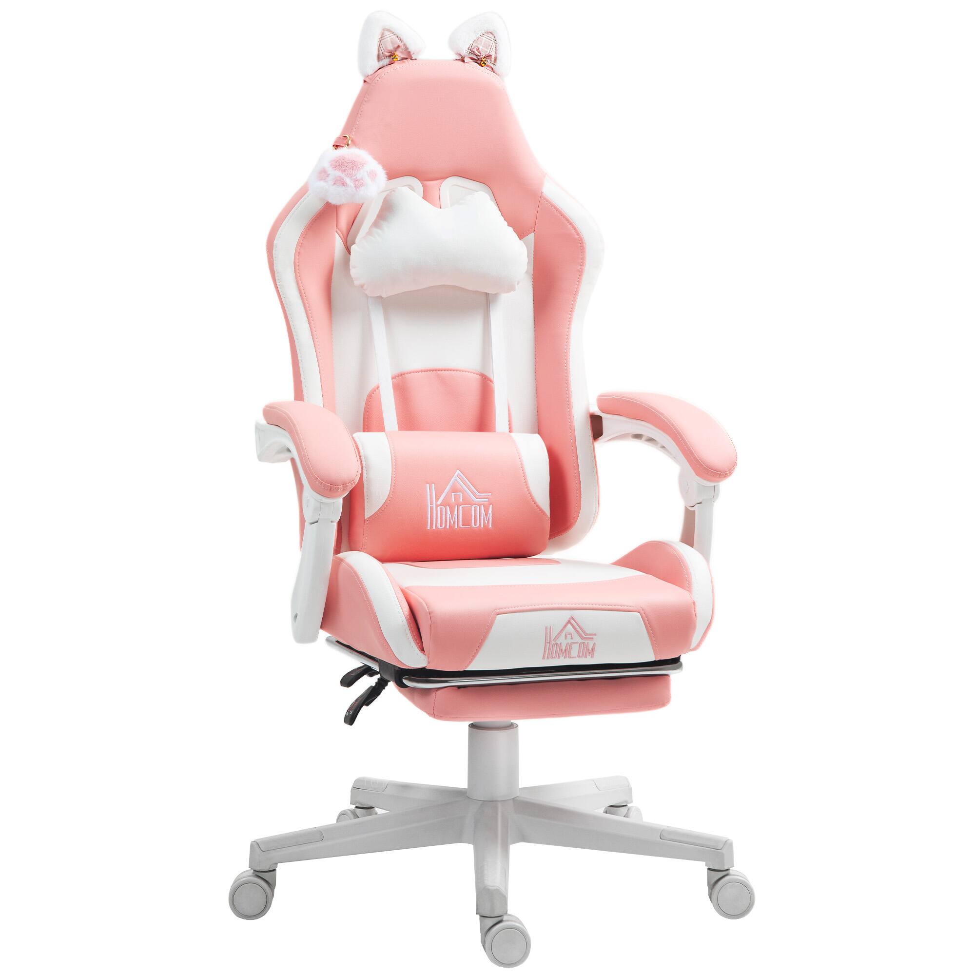 Homcom - Racing Gaming Chair with Cat Ears, Reclining Faux Leather Computer Chair with Footrest, Lumbar Support - Pink