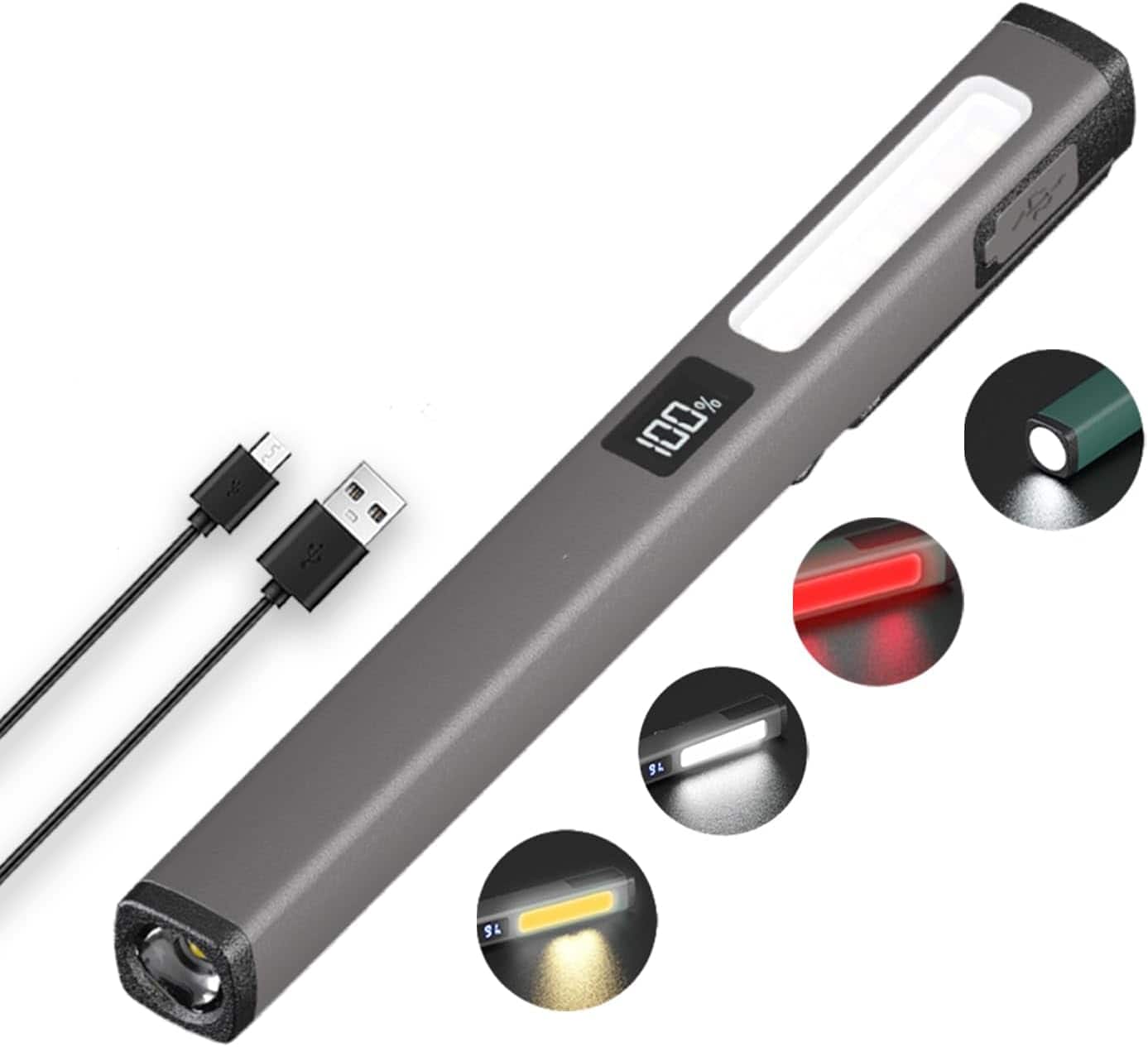 Schertz - Portable LED Flashlight, USB-C Rechargeable, 6 Modes, LCD Display, Grey