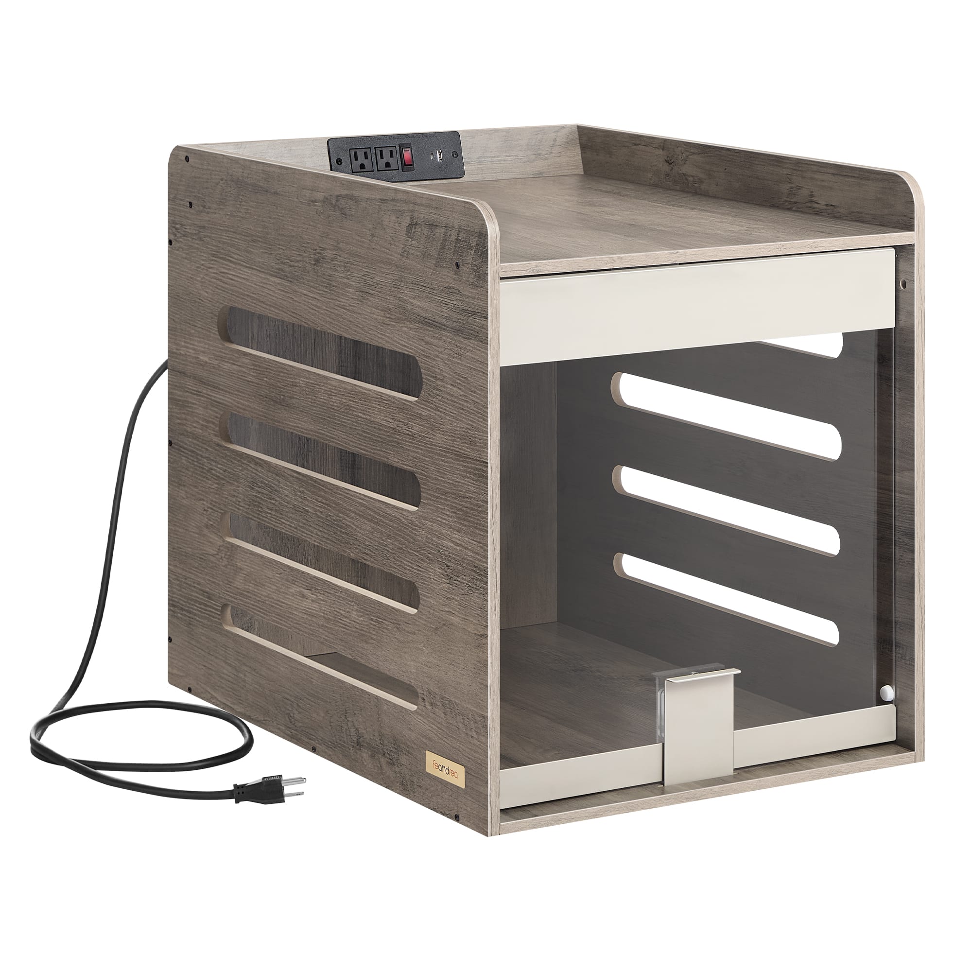 Songmics Home - Modern Dog Crate Furniture with Charging Station, Small Kennel Indoor with Flip-up Hidden Acrylic Door - Heather Greige