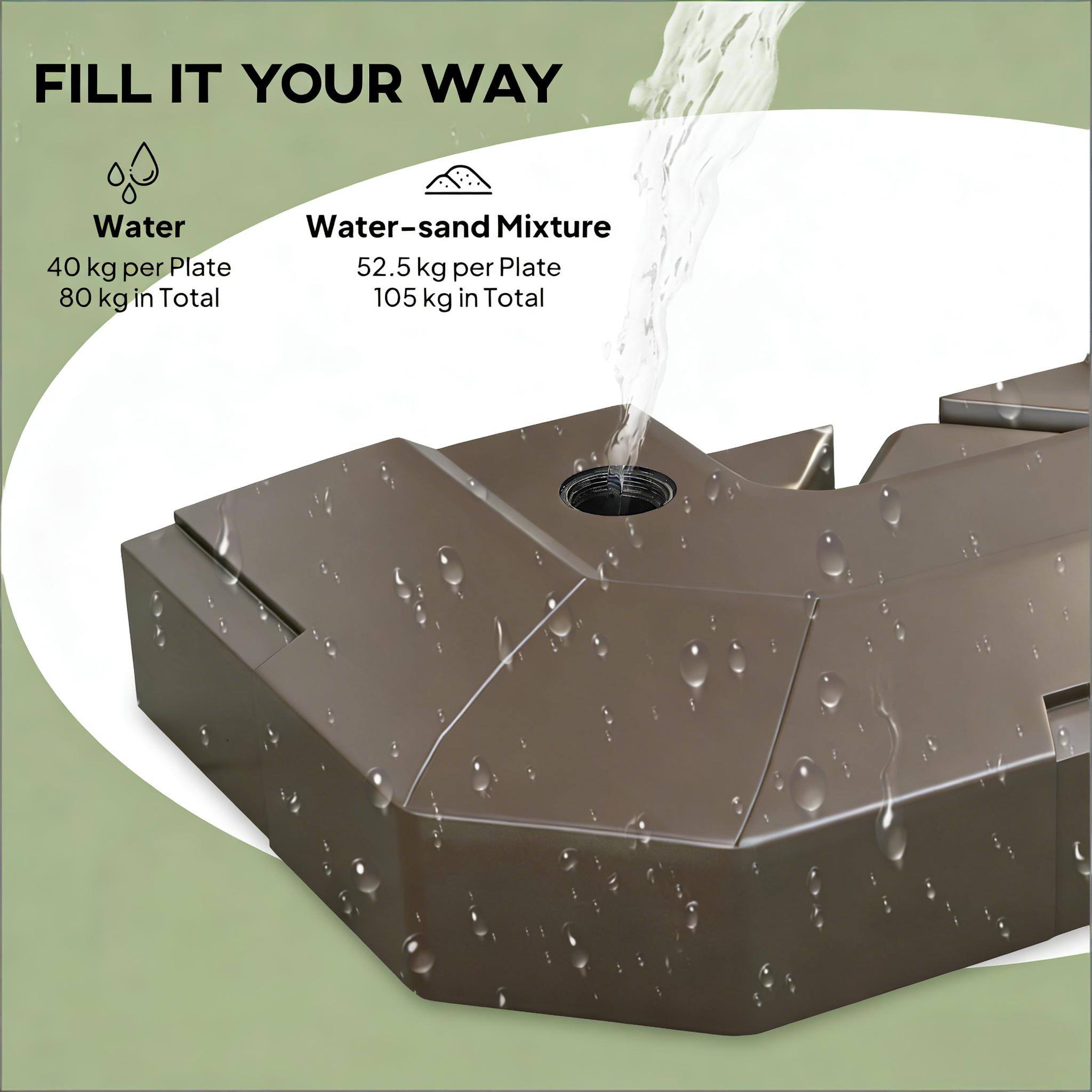 FILL IT YOUR WAY

Water
40 kg per Plate
80 kg in Total

Water-sand Mixture
52.5 kg per Plate
105 kg in Total