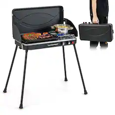 Angle. Costway - 2-in-1 Propane Grill 2 Burner Camping Gas Stove Portable with Removable Leg Black - Black.
