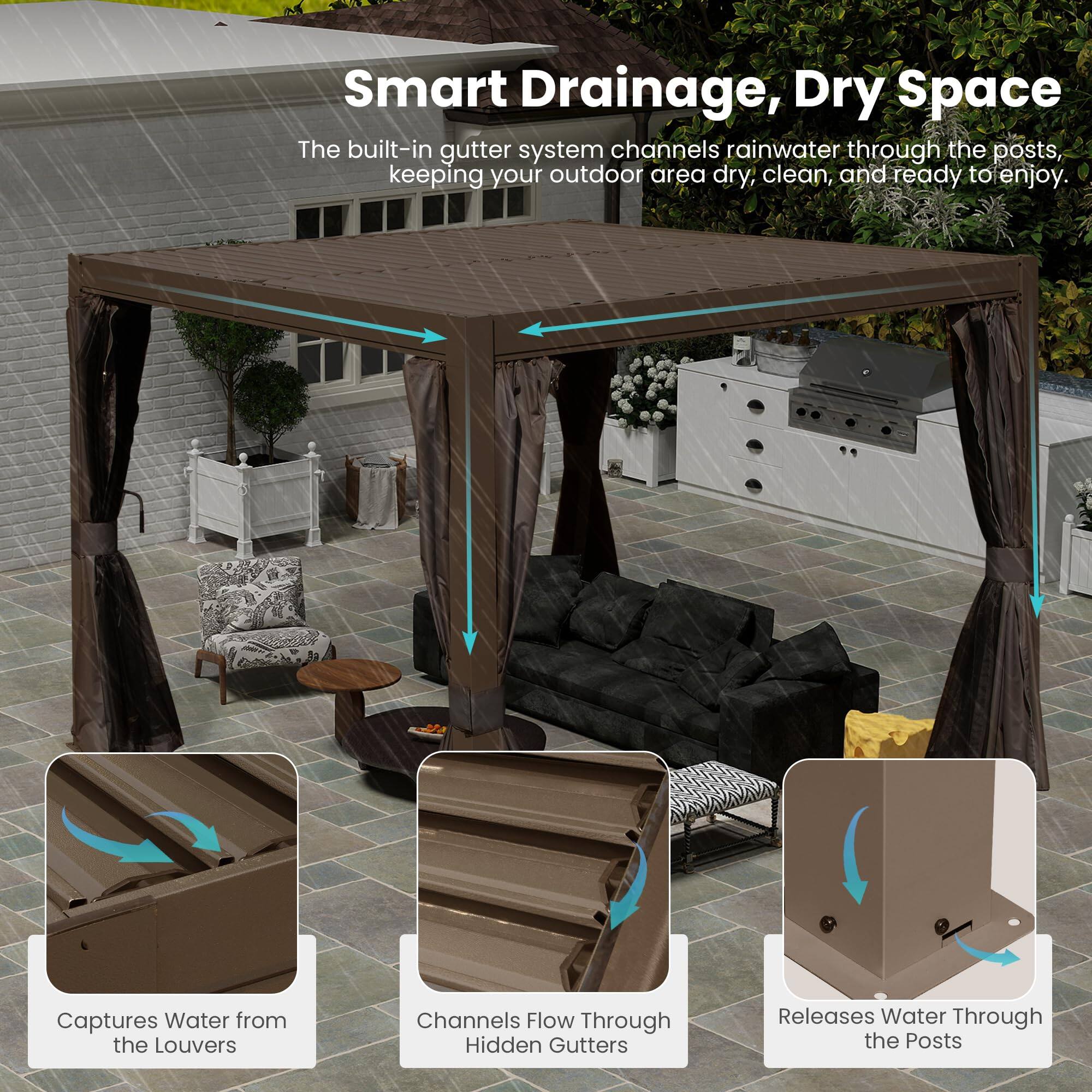 Smart Drainage, Dry Space

The built-in gutter system channels rainwater through the posts, keeping your outdoor area dry, clean, and ready to enjoy.

- Captures Water from the Louvers
- Channels Flow Through Hidden Gutters
- Releases Water Through the Posts