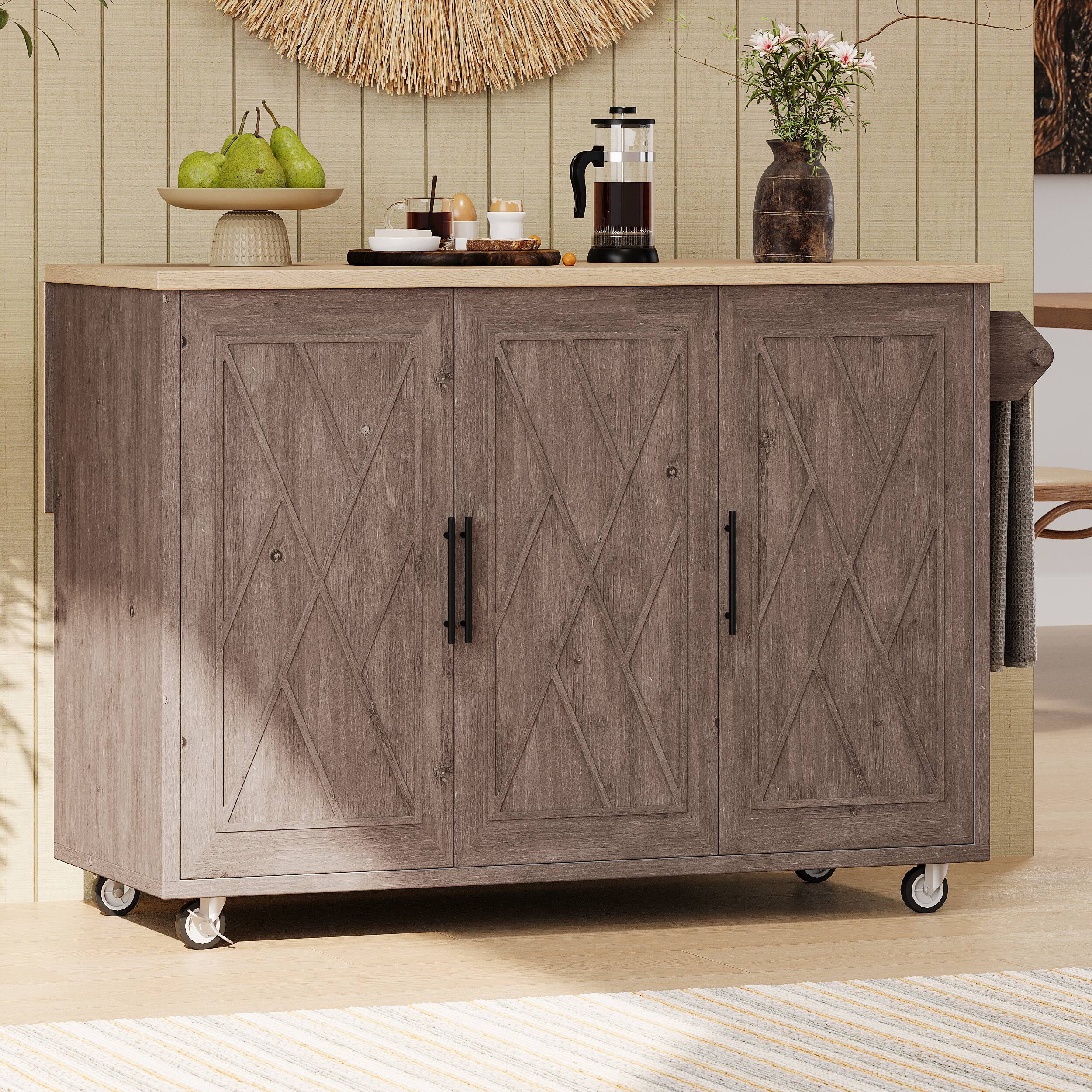 Front. PexFix - 51.2" Farmhouse Kitchen Island with Drop Leaf - Rolling Cart with Textured Finish, Internal Rack & Towel Rack - Brown.