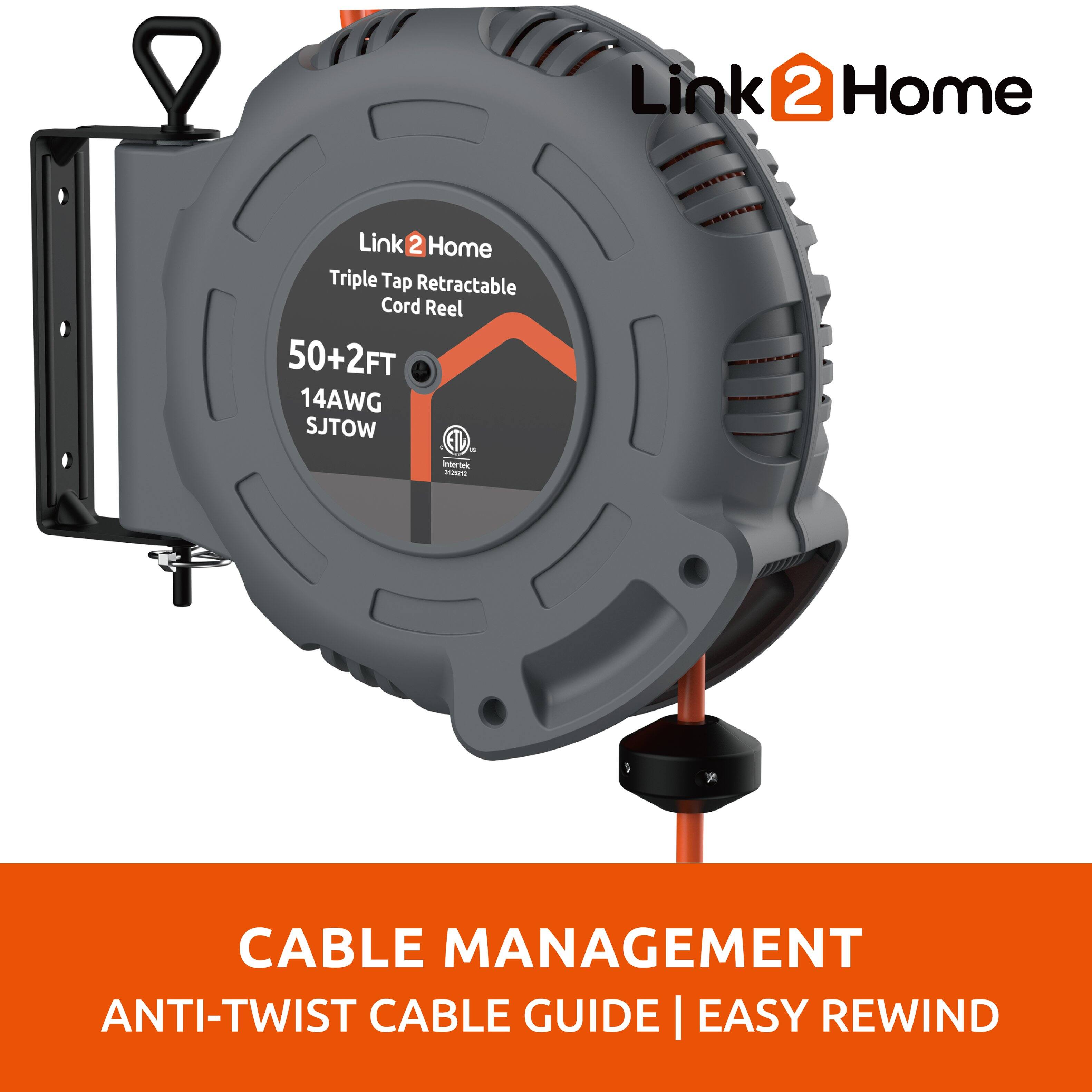 Link 2 Home Triple Tap Retractable Cord Reel 50+2FT 14AWG SJTOW - Intortek - CABLE MANAGEMENT ANTI-TWIST CABLE GUIDE | EASY REWIND