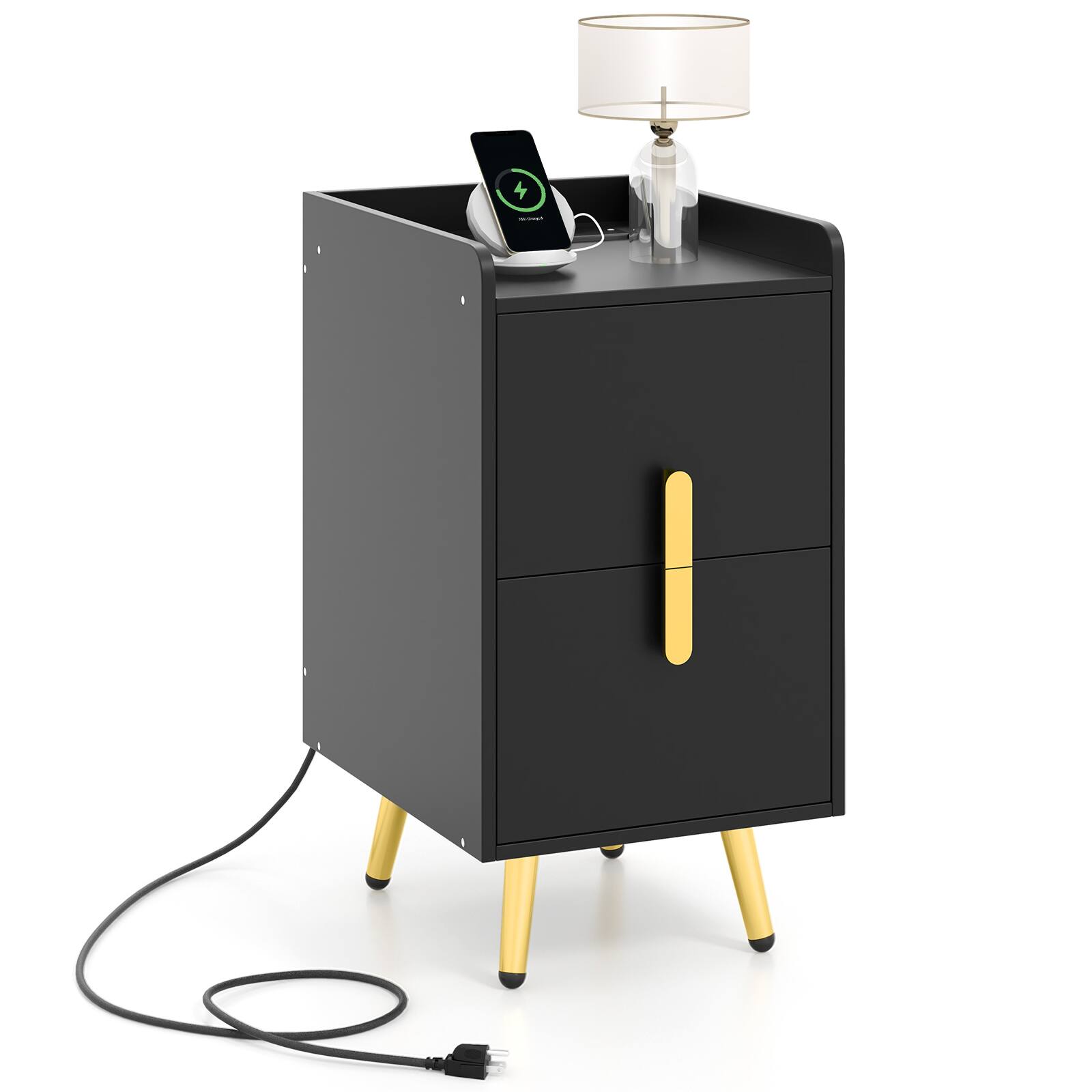 Back. SlickBlue - 2-Drawer Bedside Table with 2 USB Ports – Nightstand for Home or Guest Room - Black.