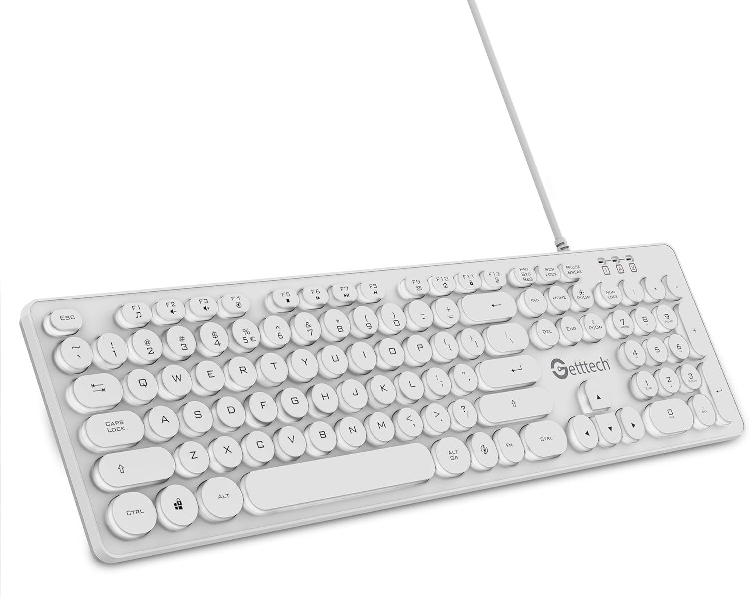 Sure, here is the corrected and grouped text from the image:

**Top Row:**
- F1 F2 F3 F4 F5 F6 F7 F8 F9 F10 F11 F12

**Second Row:**
- Q W E R T Y U I O P

**Third Row:**
- A S D F G H J K L ; '

**Fourth Row:**
- Z X C V B N M , . /

**Special Keys:**
- ESC ~ ! @ # $ % ^ & * ( ) _ + | \ { } [ ] : " 

**Function Keys:**
- CAPS LOCK SHIFT CTRL ALT ALT GR

**Number Pad:**
- 1 2 3 4 5 6 7 8 9 0 - + ENTER

**Additional Keys:**
- INS DEL END PGDN PGUP HOME NUM LOCK SCROLL LOCK PAUSE BREAK

**Other Keys:**
- Gettech

**Symbols:**
- Gettech

This should match the layout of the keyboard in the image.