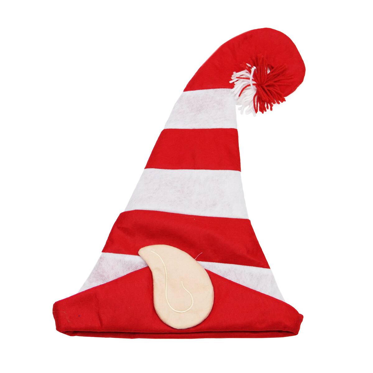 Front. Northlight - 22" Red and White Striped Unisex Adult Christmas Elf Hat - One Size - Red.