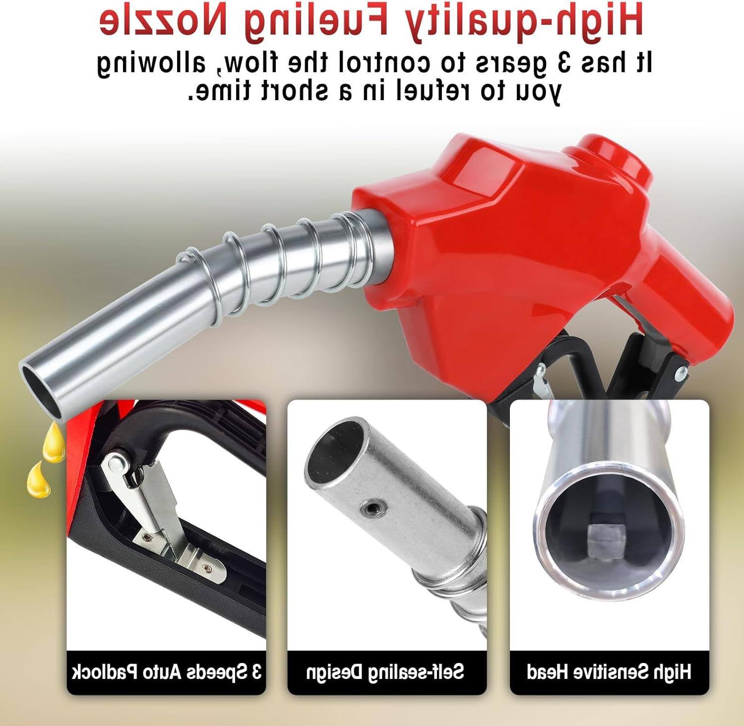 Sure, here is the corrected and grouped text from the image:

---

**High-pressure Fueling Nozzle**

- Allows for high-quality fueling, with a short time to refuel.
- Designed for high-speed refueling.
- Self-sealing head with sensitive control.
- Padlock design for security.
- 2-stage adjustable flow.
- Stainless steel nozzle.
- High-quality stainless steel.

---