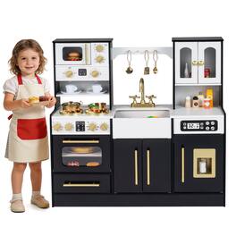 Gymax - Wooden Kitchen Playset w/Realistic Lights & Sounds Stoves Sink Faucet Oven - Black