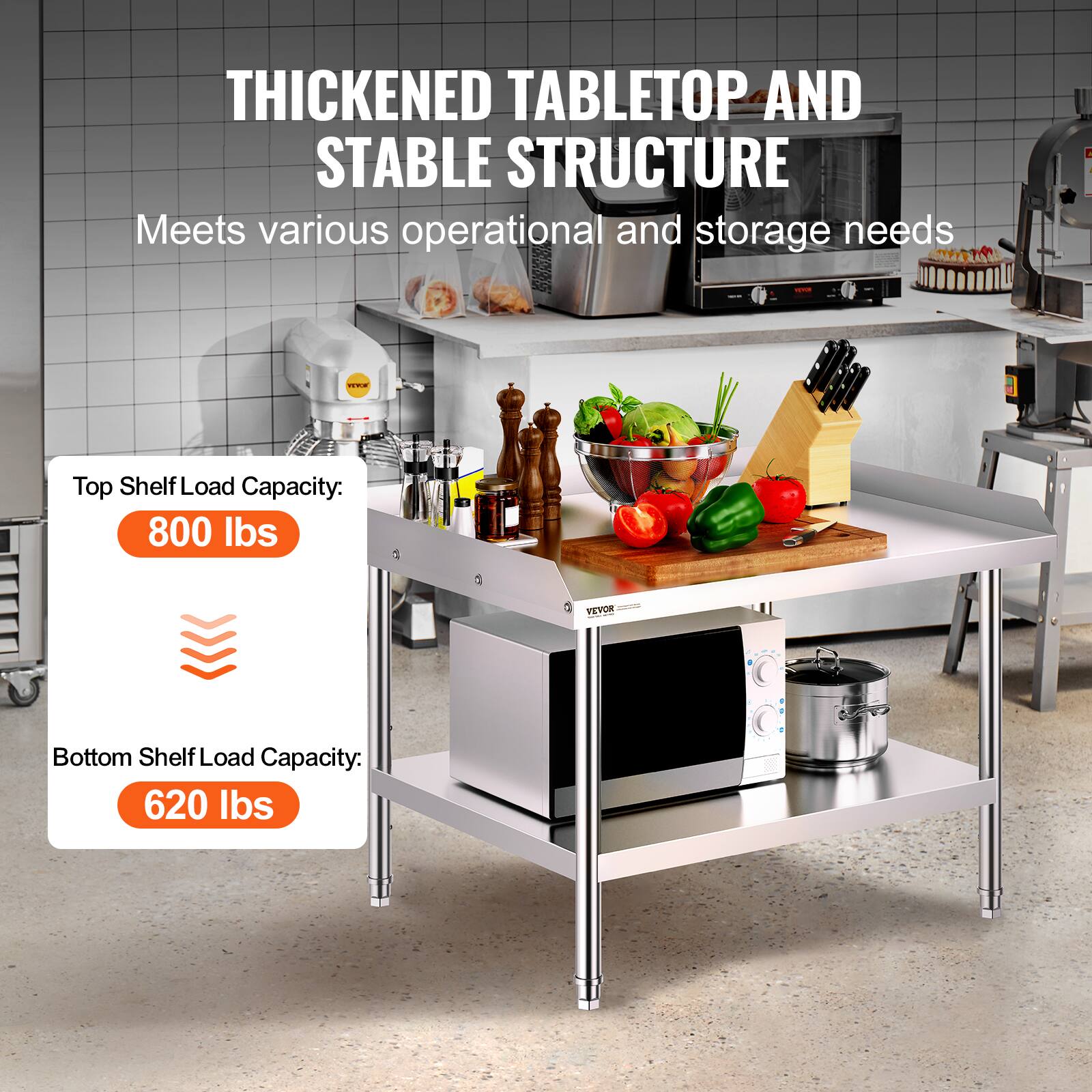 THICKENED TABLETOP AND STABLE STRUCTURE  
Meets various operational and storage needs  

Top Shelf Load Capacity:  
800 lbs  

Bottom Shelf Load Capacity:  
620 lbs