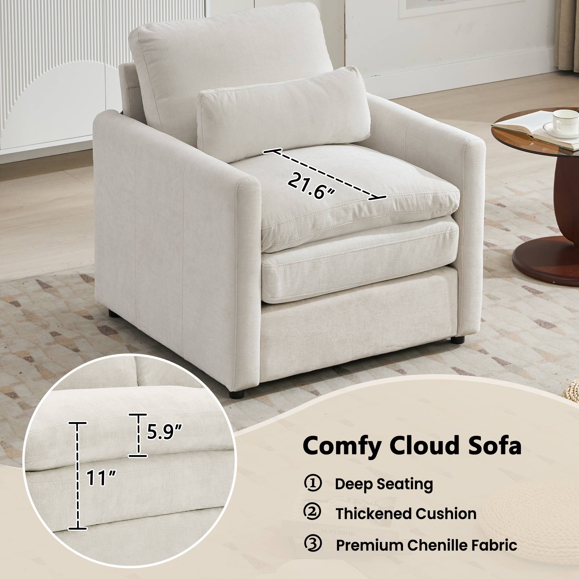 Comfy Cloud Sofa

1. Deep Seating
2. Thickened Cushion
3. Premium Chenille Fabric

Dimensions:
- 21.6" (height)
- 5.9" (depth)
- 11" (width)