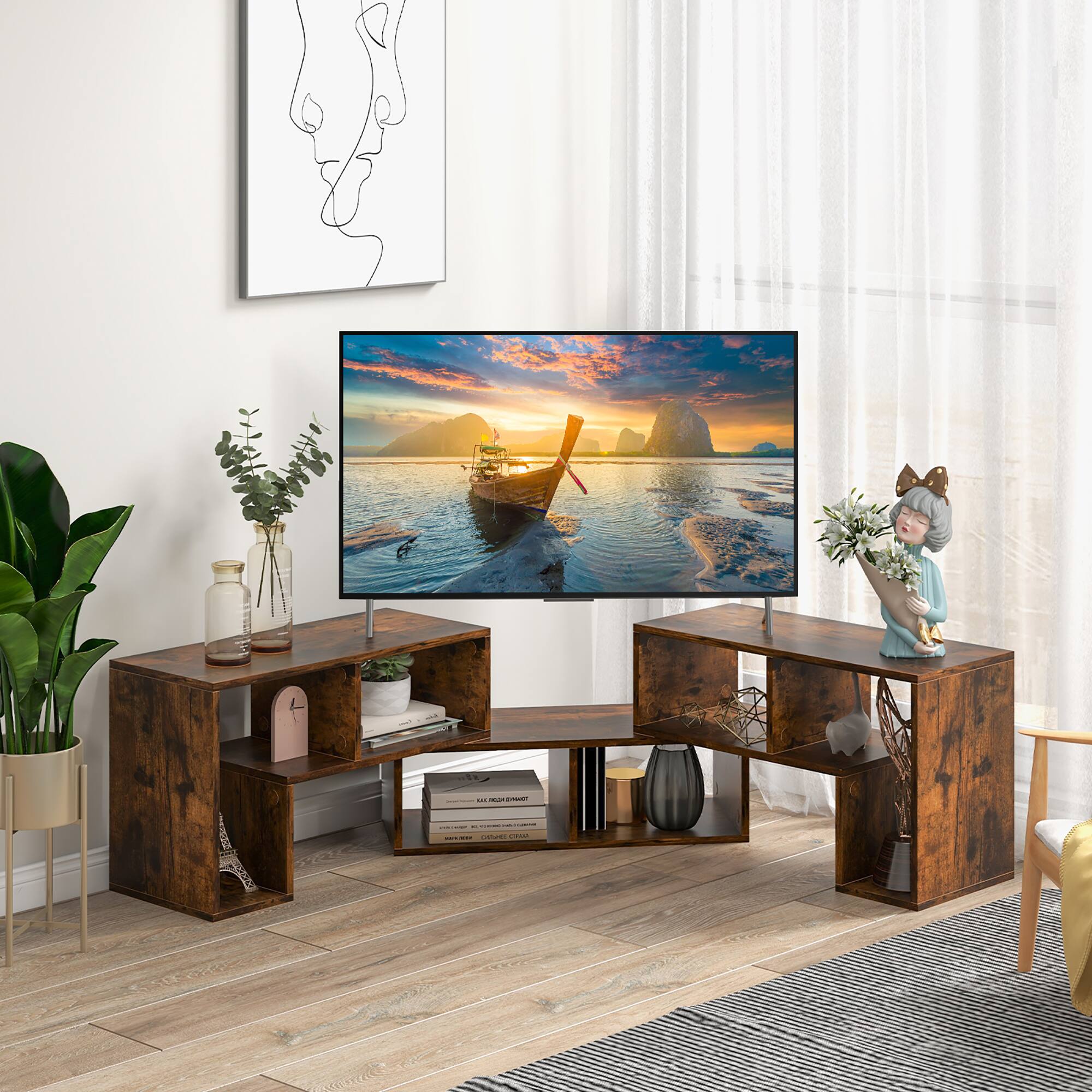 Alt View 14. Costway - 3 Pieces TV Console Stand Modern Entertainment Center Storage Bookcase - Brown.