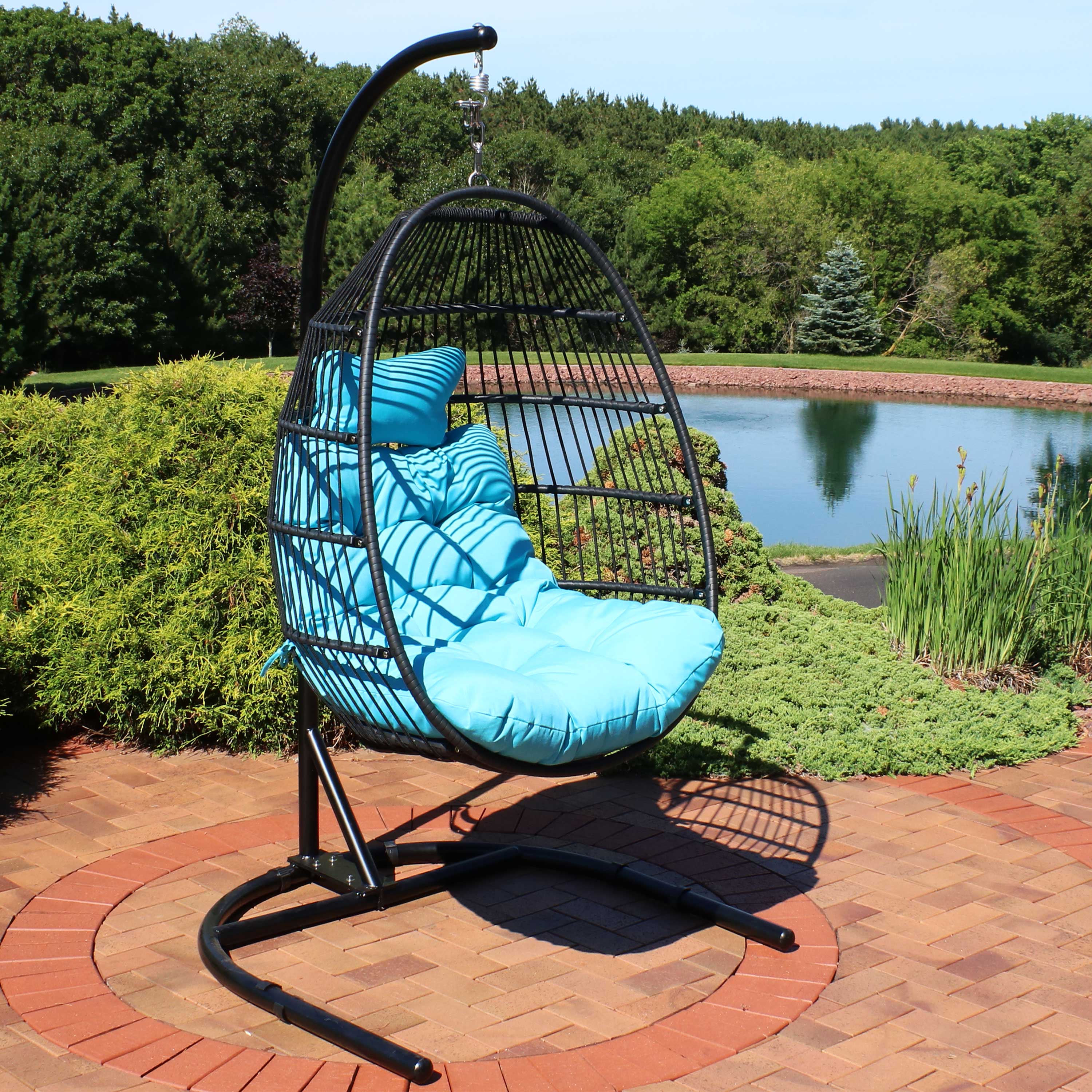 Alt View 3. Sunnydaze - Resin Wicker Hanging Egg Chair with Steel Stand/Cushions - Blue.