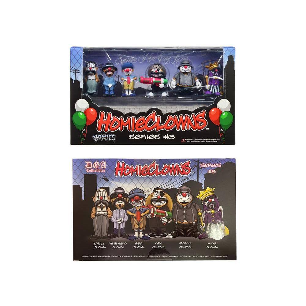 Sure, here is the corrected and grouped text from the image:

---

**Top Left:**
- HomieClowns
- Series #3
- Homies

**Top Right:**
- HomieClowns
- Series #3

**Bottom Left:**
- DGA Collectibles

**Bottom Right:**
- Cholo
- Vetrano
- Eee
- Maxi
- Dorbo
- King
- Clown
- Clown
- Clown
- Clown
- Clown

**Bottom Center:**
- HomieClowns is a trademark of HomieShop Properties, LLC. ©2023 HomieShop
- Under license to DGA Collectibles. All rights reserved.

---