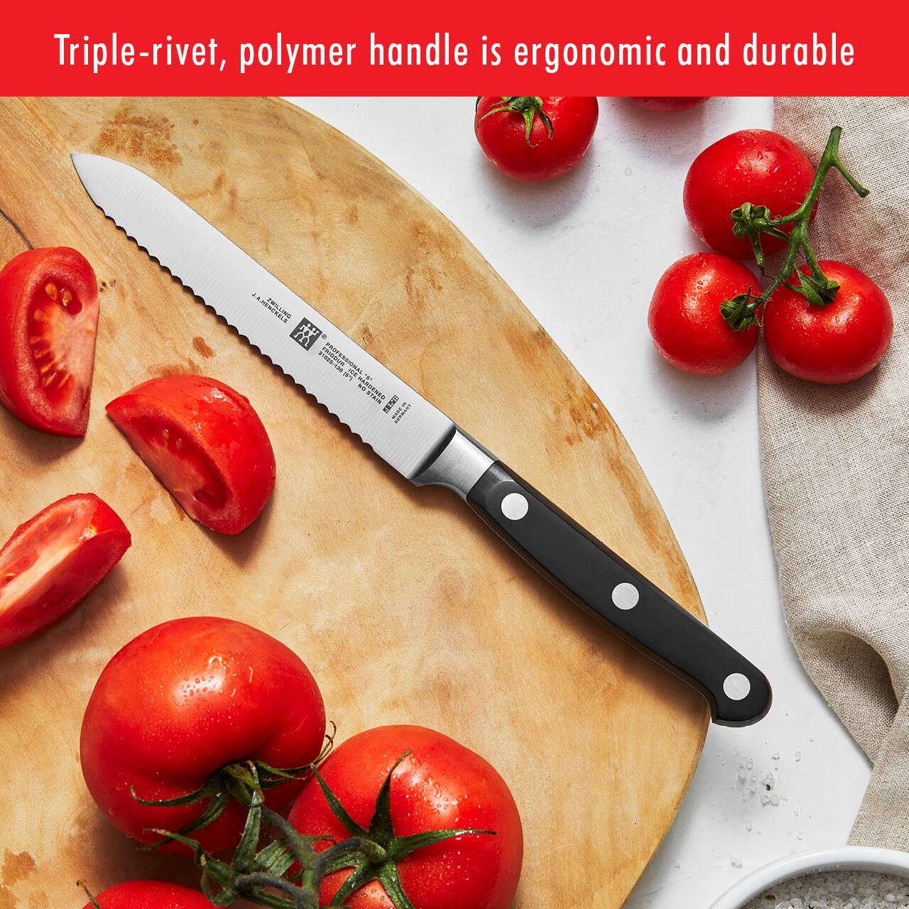 Triple-rivet, polymer handle is ergonomic and durable.