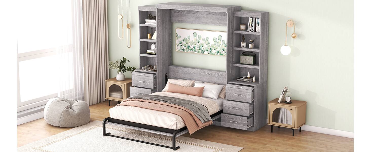 Alt View 4. Tiramisubest - Full Size Gray Murphy Bed, Solid Wood+MDF, 101x75x85 inches, 484 lbs, Space-saving - Gray.