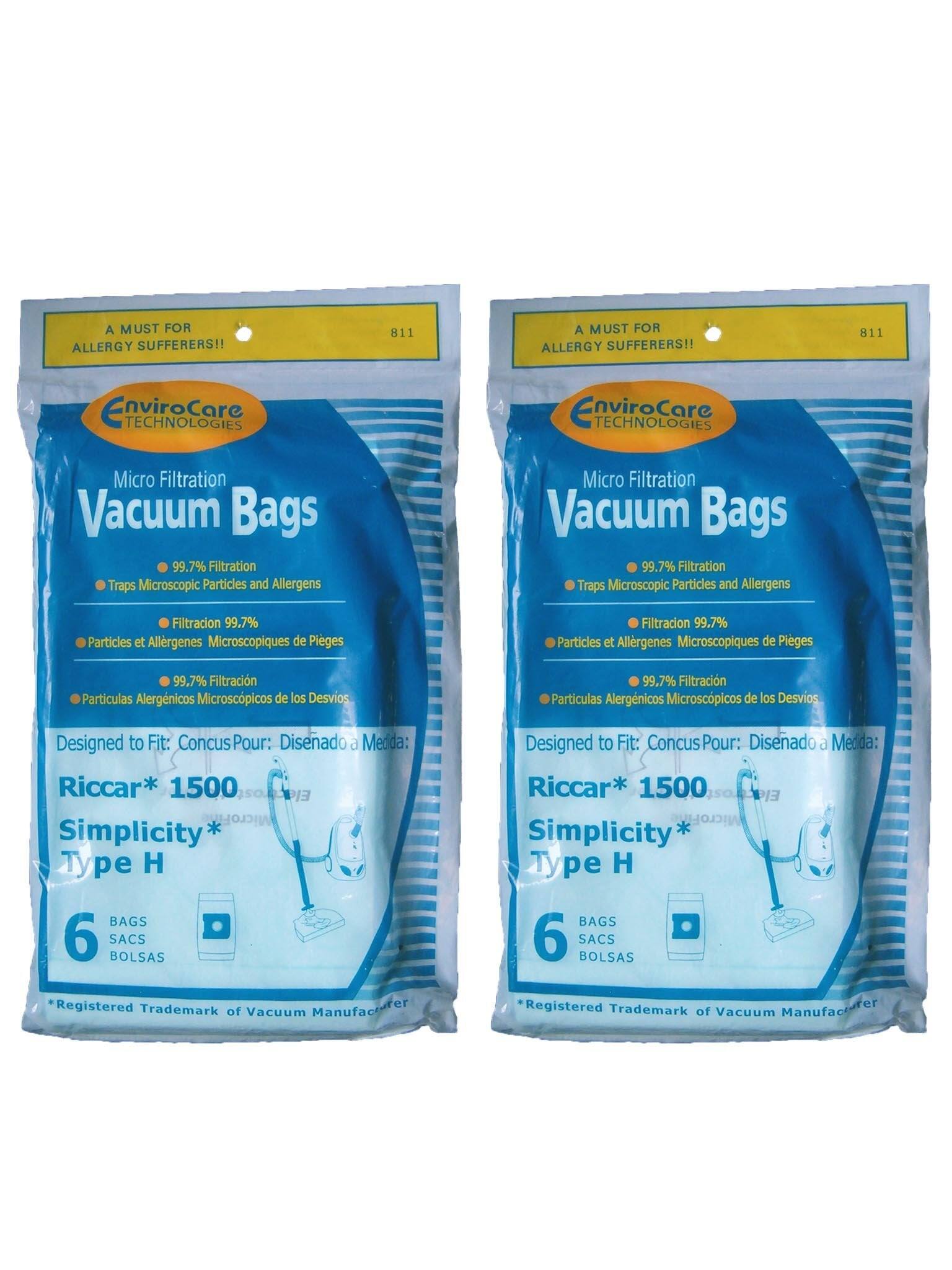 A MUST FOR ALLERGY SUFFERERS!! 811

EnviroCare TECHNOLOGIES

Micro Filtration Vacuum Bags
99.7% Filtration Traps Microscopic Particles and Allergens

Filtracion 99.7% Particles et Allergenes Microscopiques de Piges
99,7% Filtracin Particulas Alergnicos Microscpicos de los Desvios

Designed to Fit: Concus Pour: Disenado a Medida:
Riccar* 1500 Simplicity* Type H

6 BAGS SACS BOLSAS

*Registered Trademark of Vacuum Manufacturer